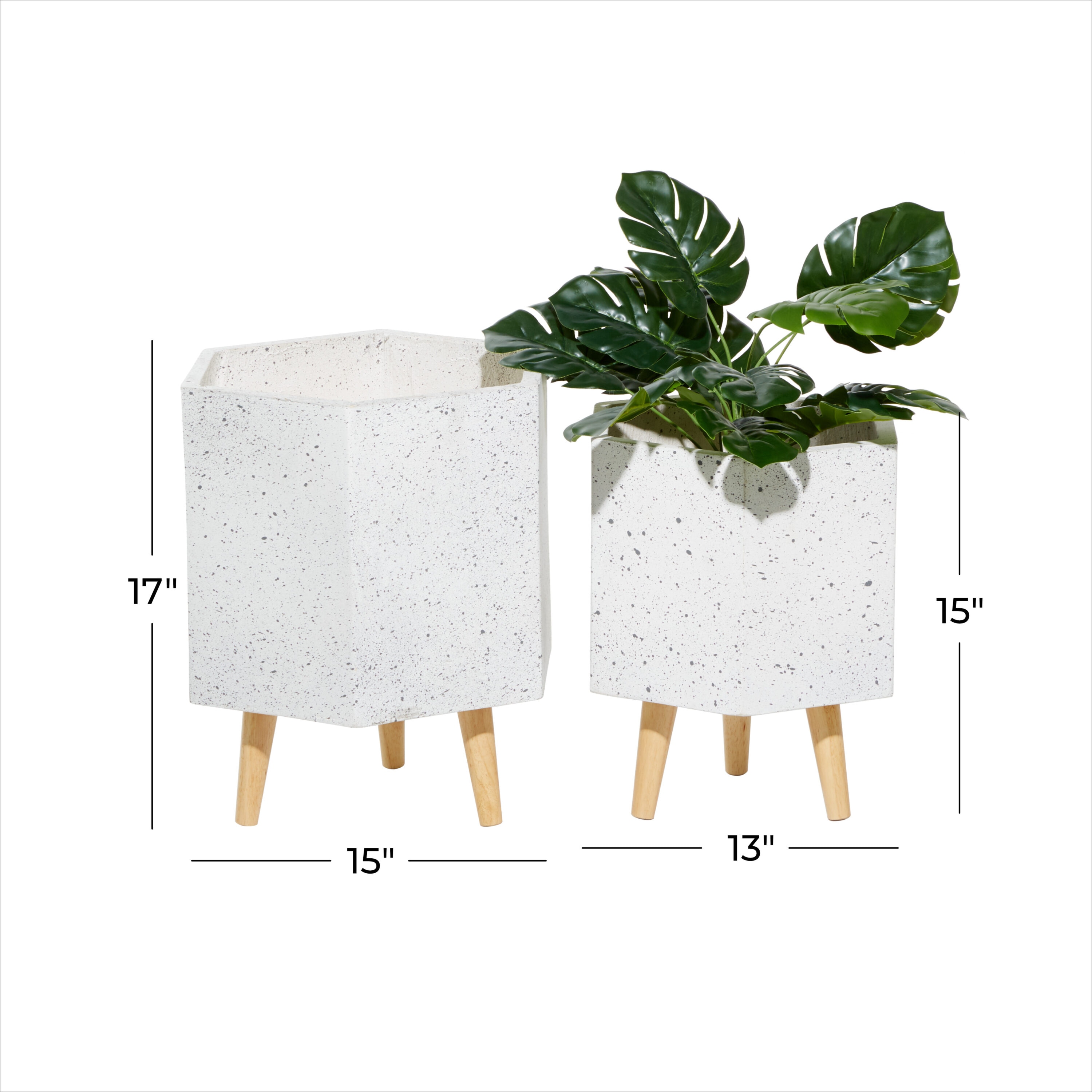 Set of 2 White Hexagonal Fiber Clay Planters with Wooden Legs