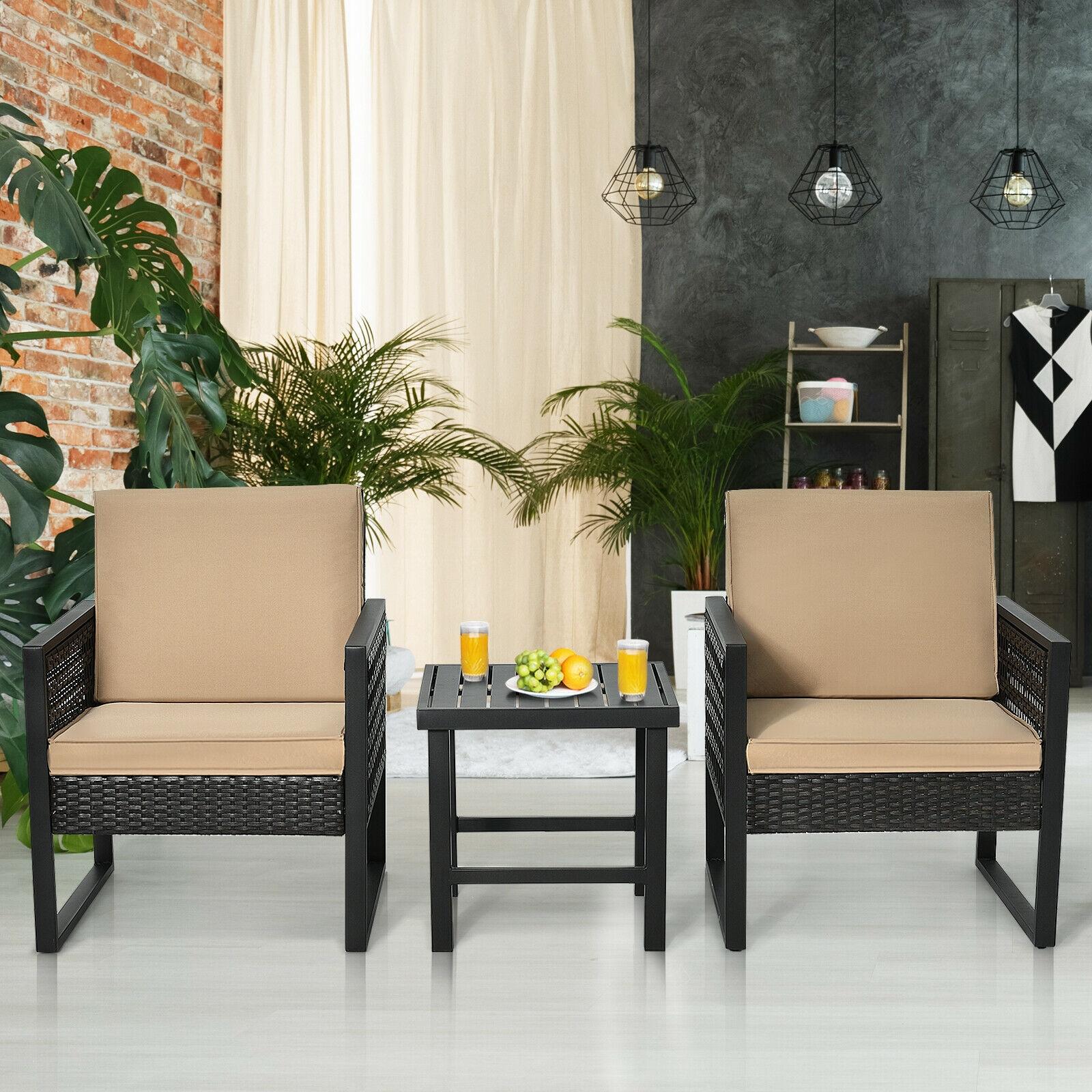 BABOOM BOM-W64402-CO 3 -Piece Rattan Patio Conversation Set with Brown Cushions