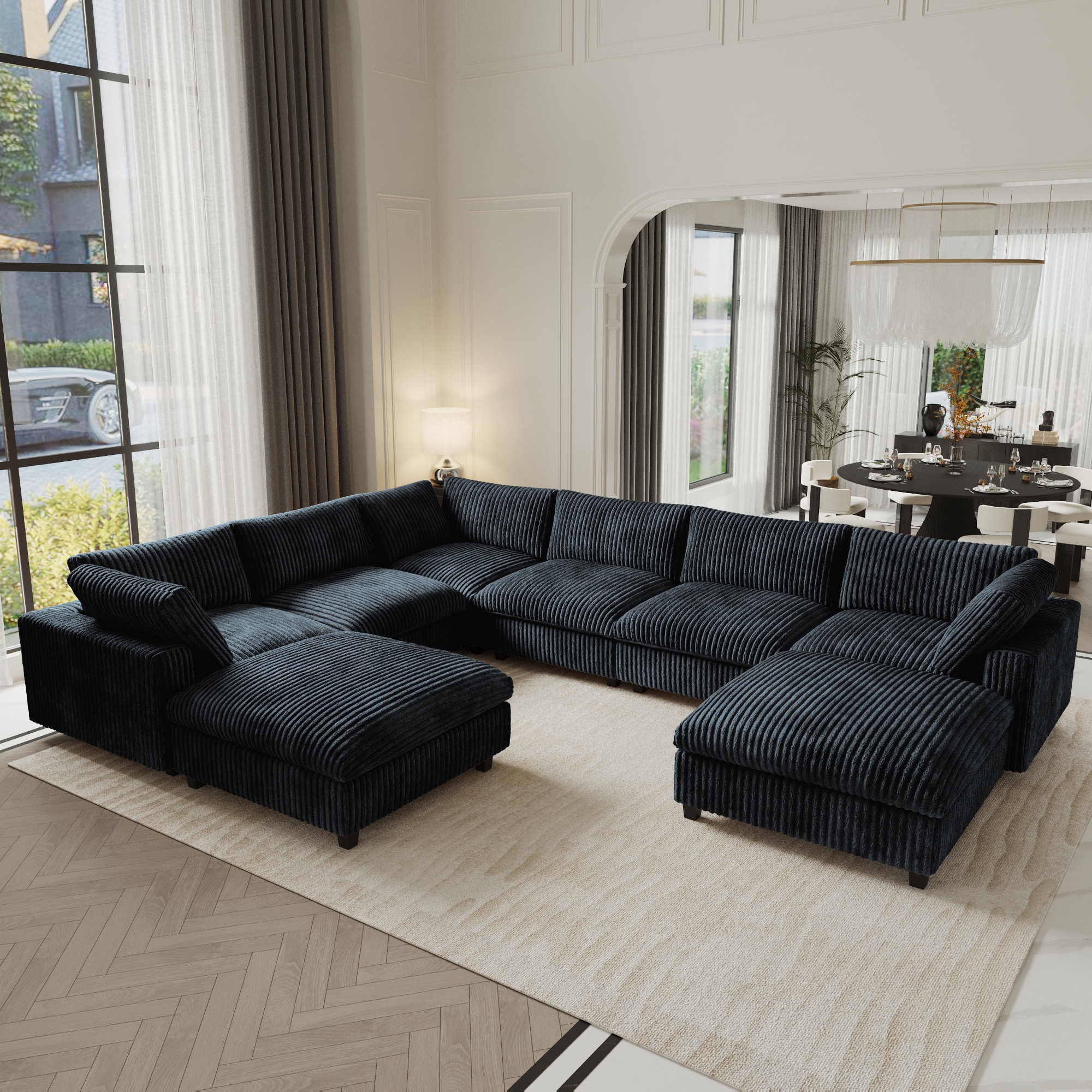 BuotiqHom DH-SF6+2-141BK 157-in Modern Black (6 Seats+2 Ottomans) Velvet 6+ -seater Sectional