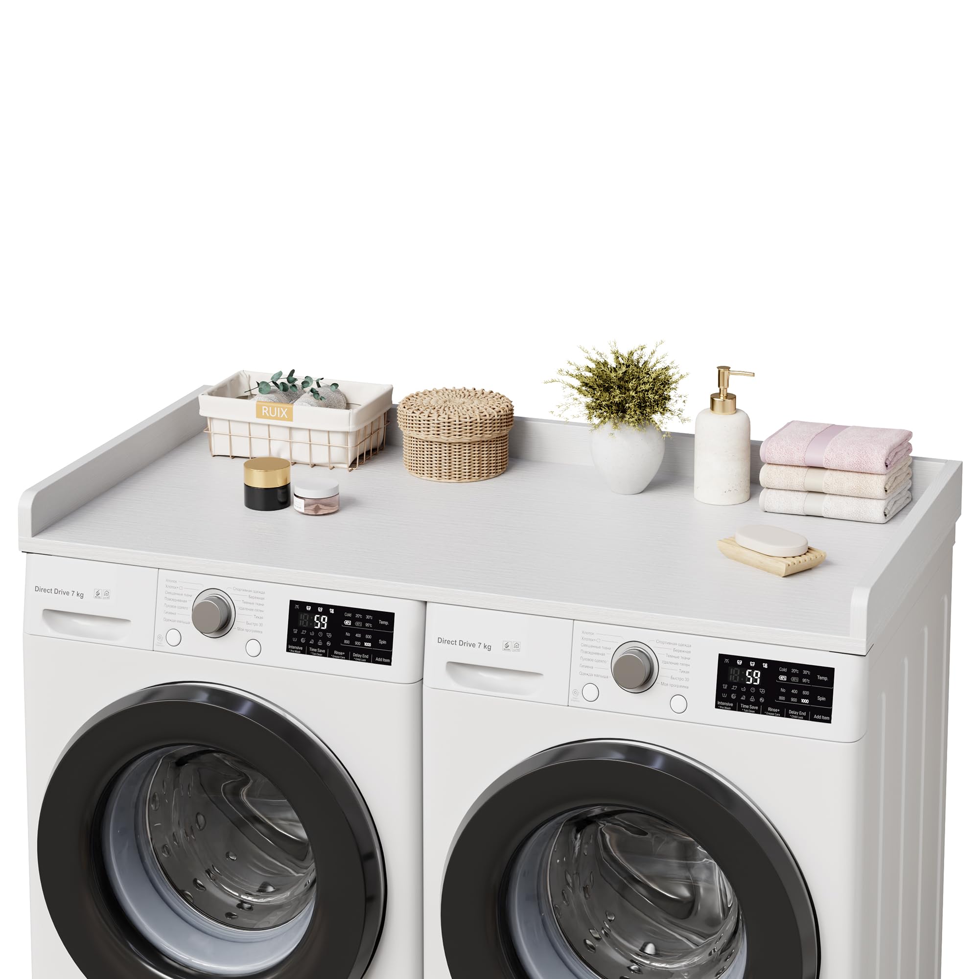 IdealHouse White Wooden Washer Dryer Countertop 54.3 x 27.6 Inches with Edge Rails Laundry Topper for Laundry Room Organization and Storage