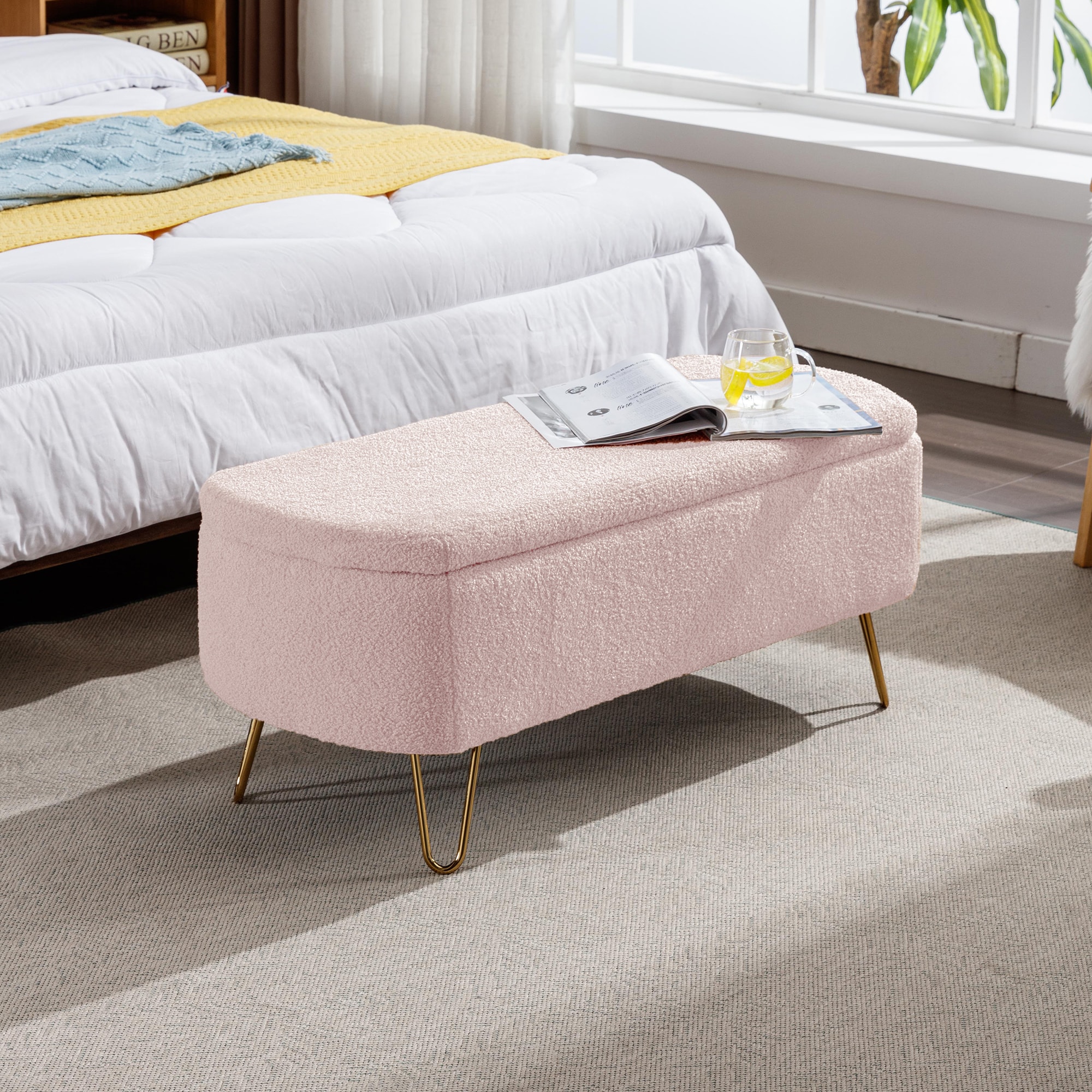 Huluwat Pink Storage Ottoman Bench for End of Bed Gold Legs Modern Grey Faux Fur Entryway Bench Upholstered Padded with Storage for Living Room Bedroom