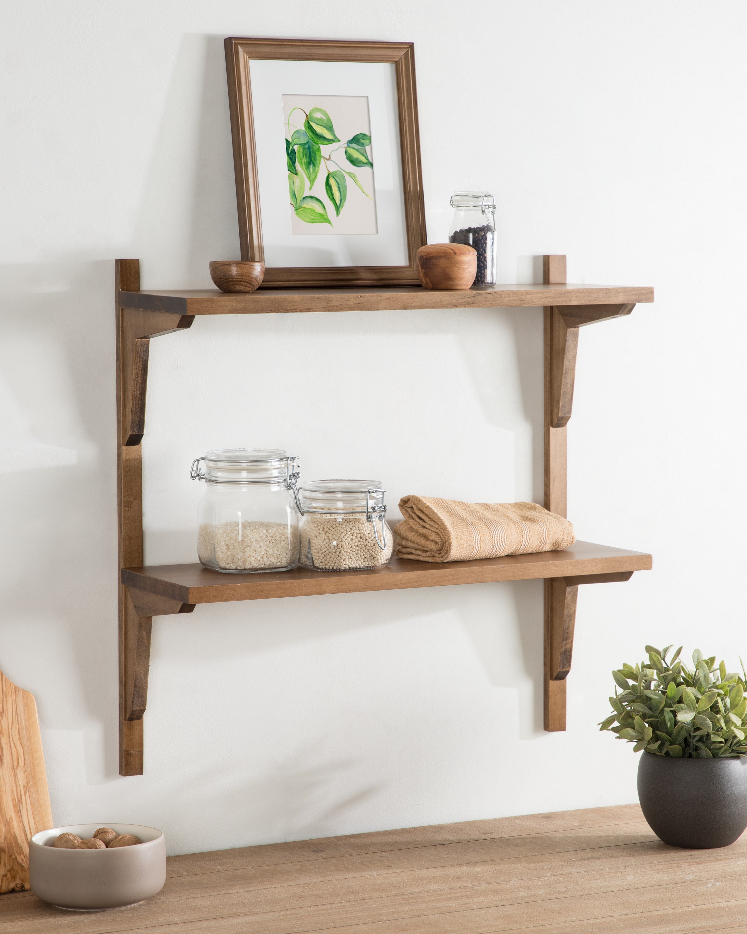 Rustic Brown Poplar Wood Floating Wall Shelf with Two Tiers