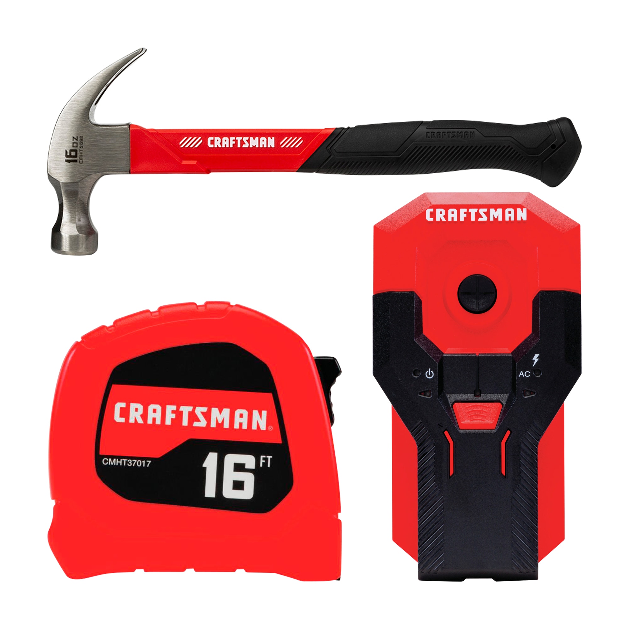 CRAFTSMAN 16-oz Smooth Face Steel Head Fiberglass Claw Hammer & 1.5-in Scan Depth Metal and Wood Stud Finder & 16-ft Tape Measure