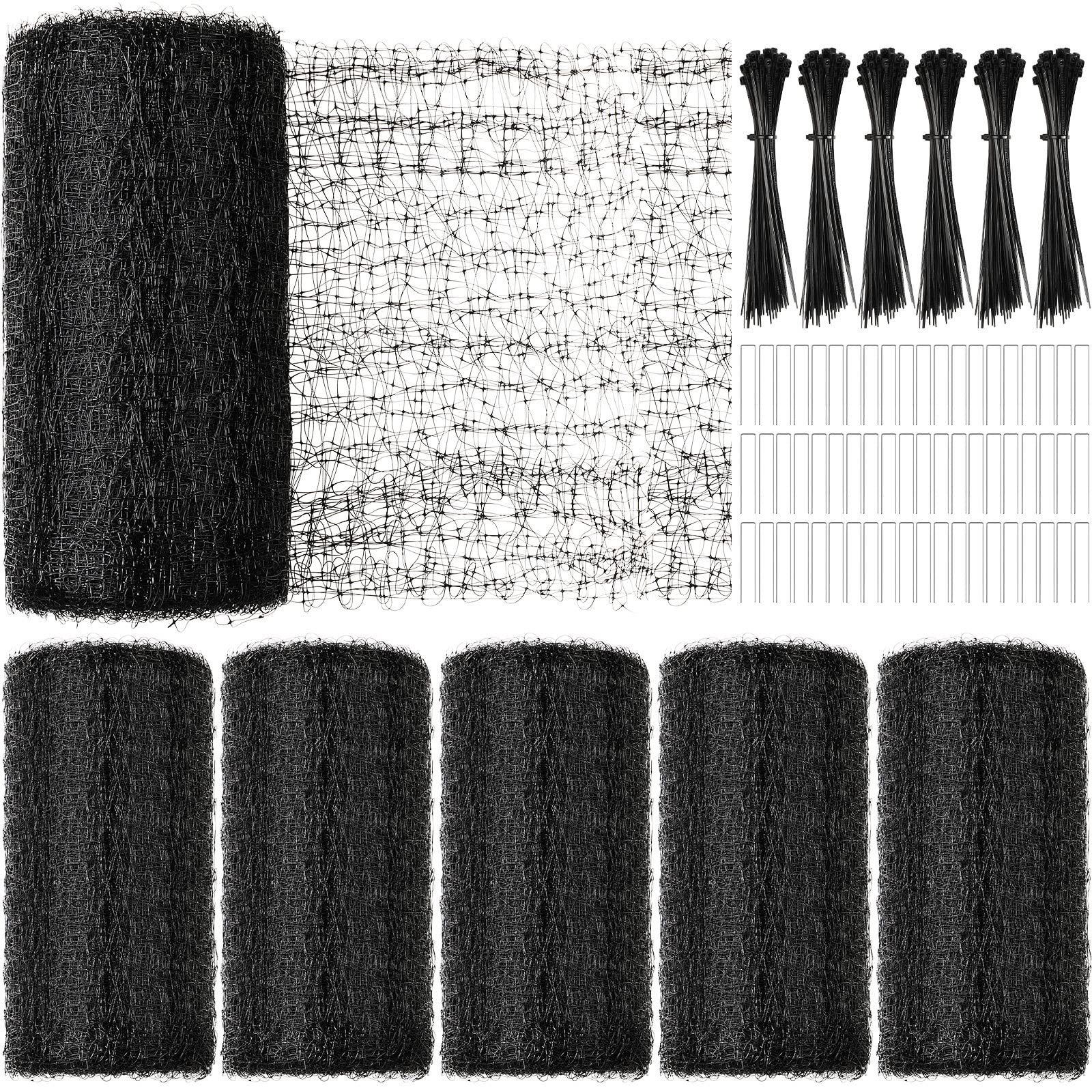ITOPFOX  6 pack garden netting kit 7 x 100 feet black deer fence bird netting with 300 cable ties and installation nails protects fruit trees