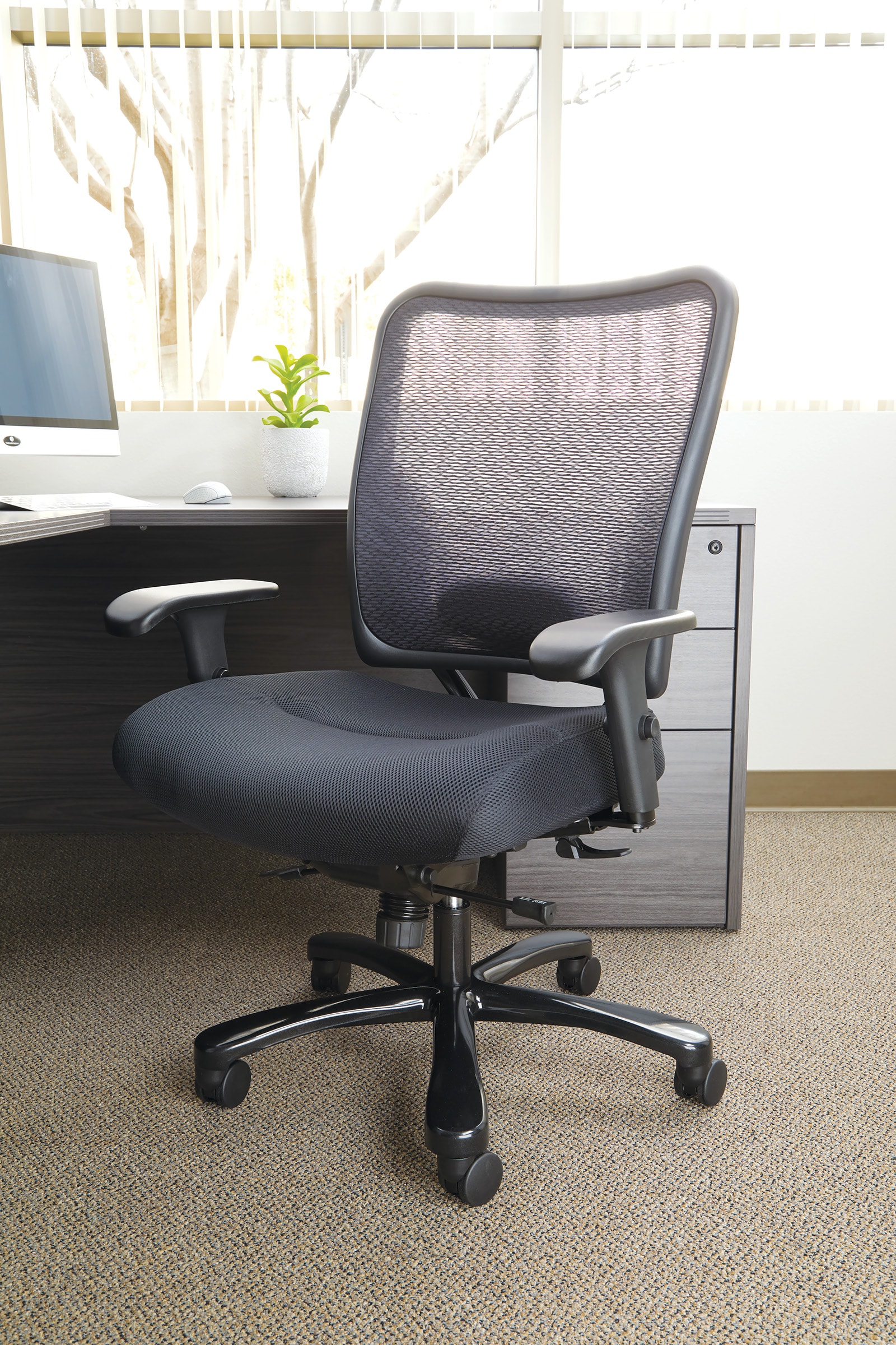 Black Mesh and Leather Executive Swivel Chair with Adjustable Arms