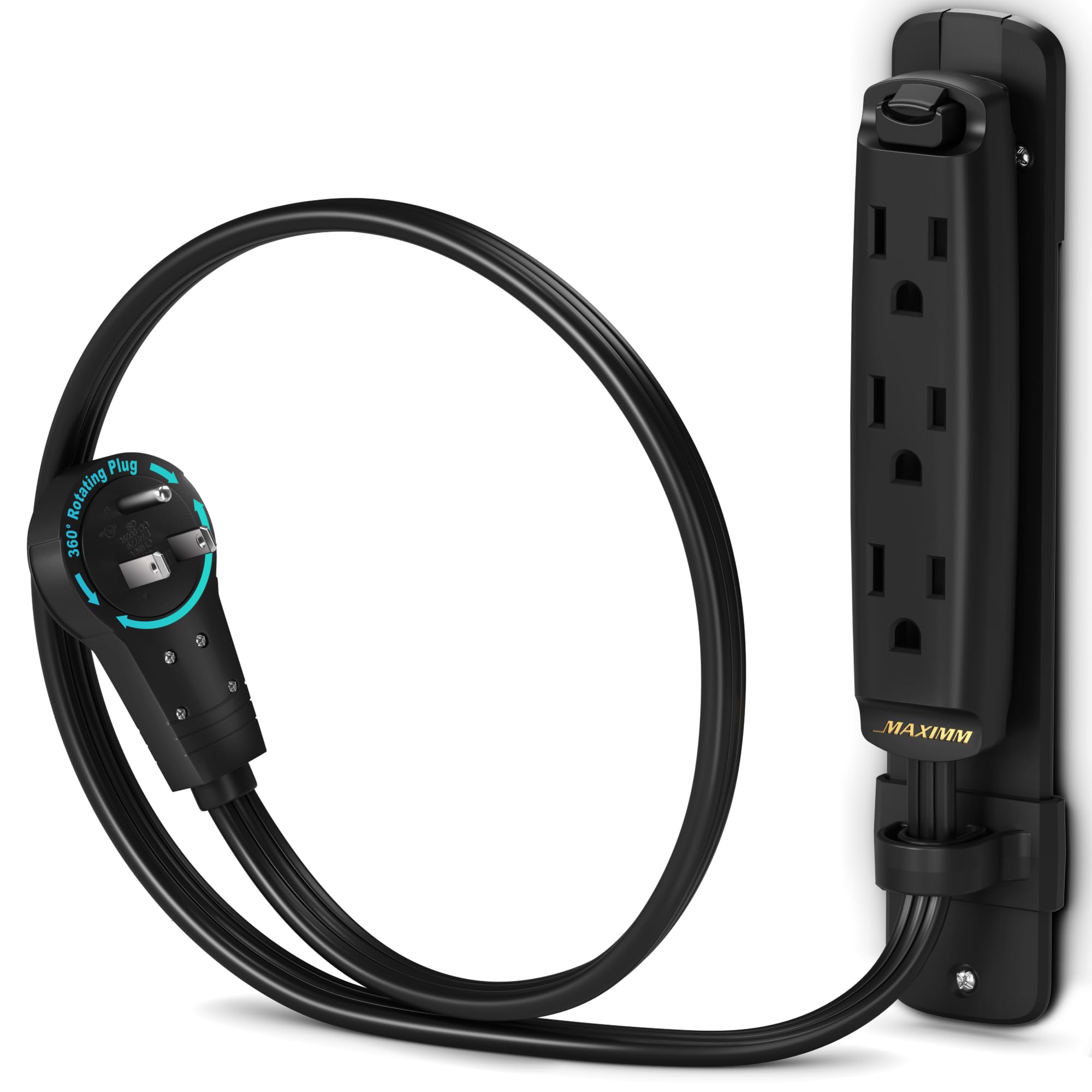 Maximm 360 Degree Rotating Flat Extension Cord 1 Ft Multi 3 Outlet Power Cord with Mounting Bracket - Grounded 16 AWG UL Certified - Black