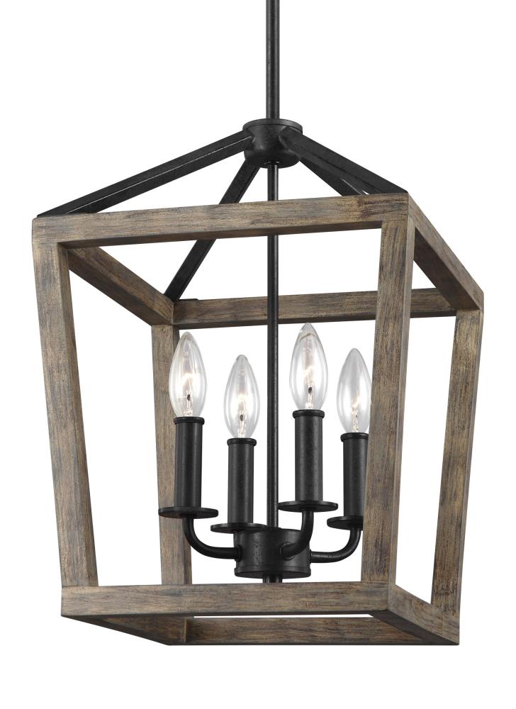 Mini Brass Cage Chandelier with Weathered Oak & Forged Iron
