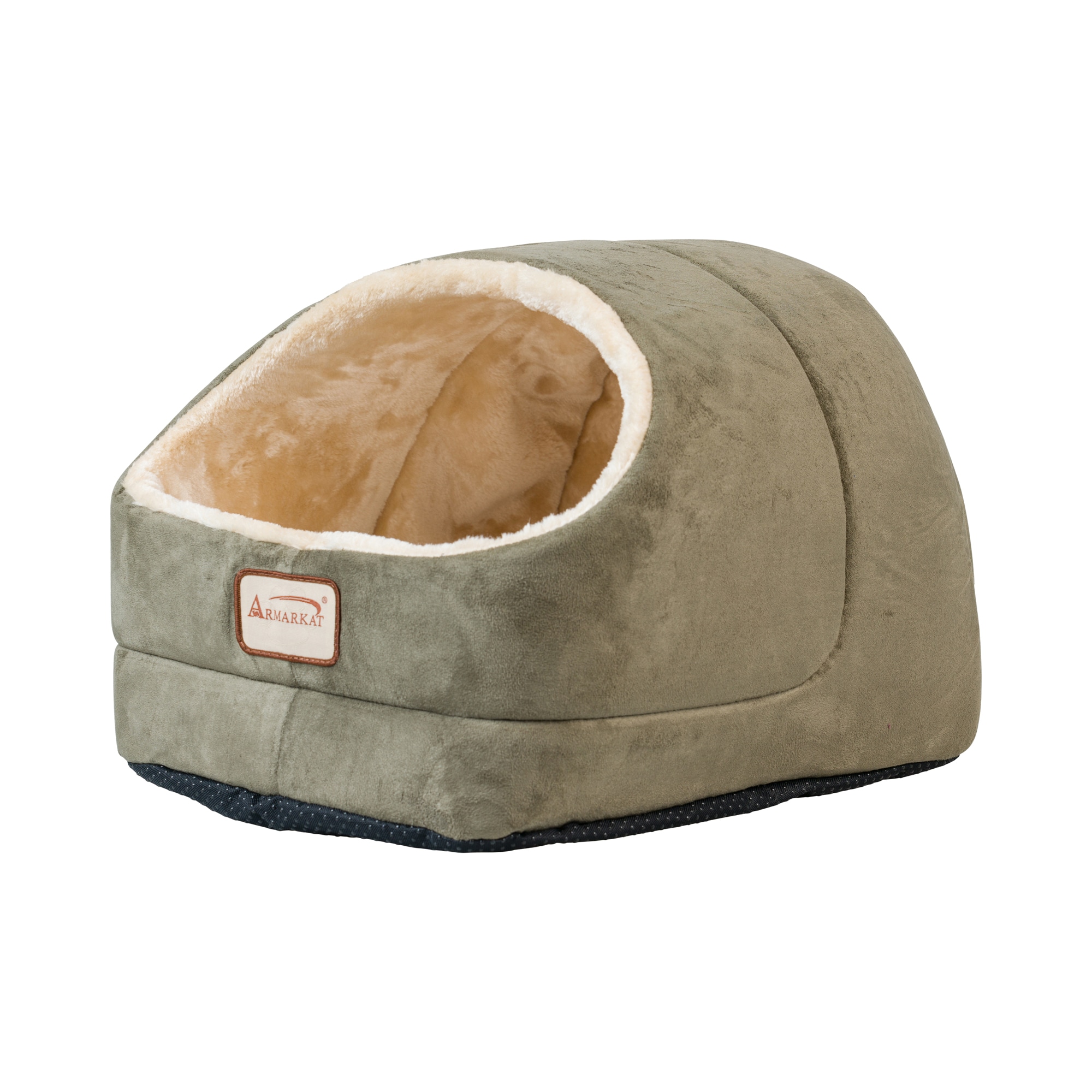 Small Laurel Green and Beige Suede Cat Bed with Fiberfill