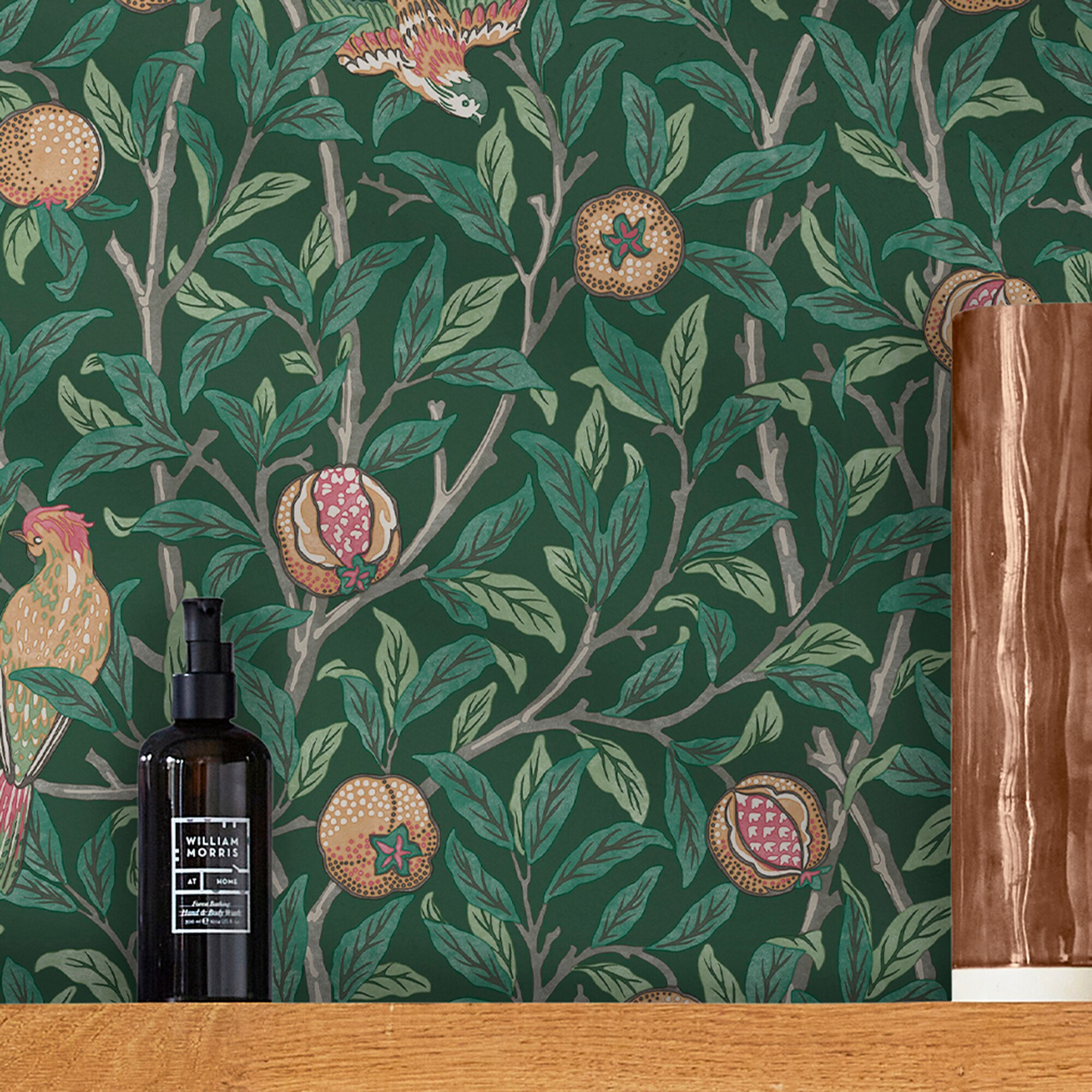 Deep Green Bird and Pomegranate Wallpaper Roll