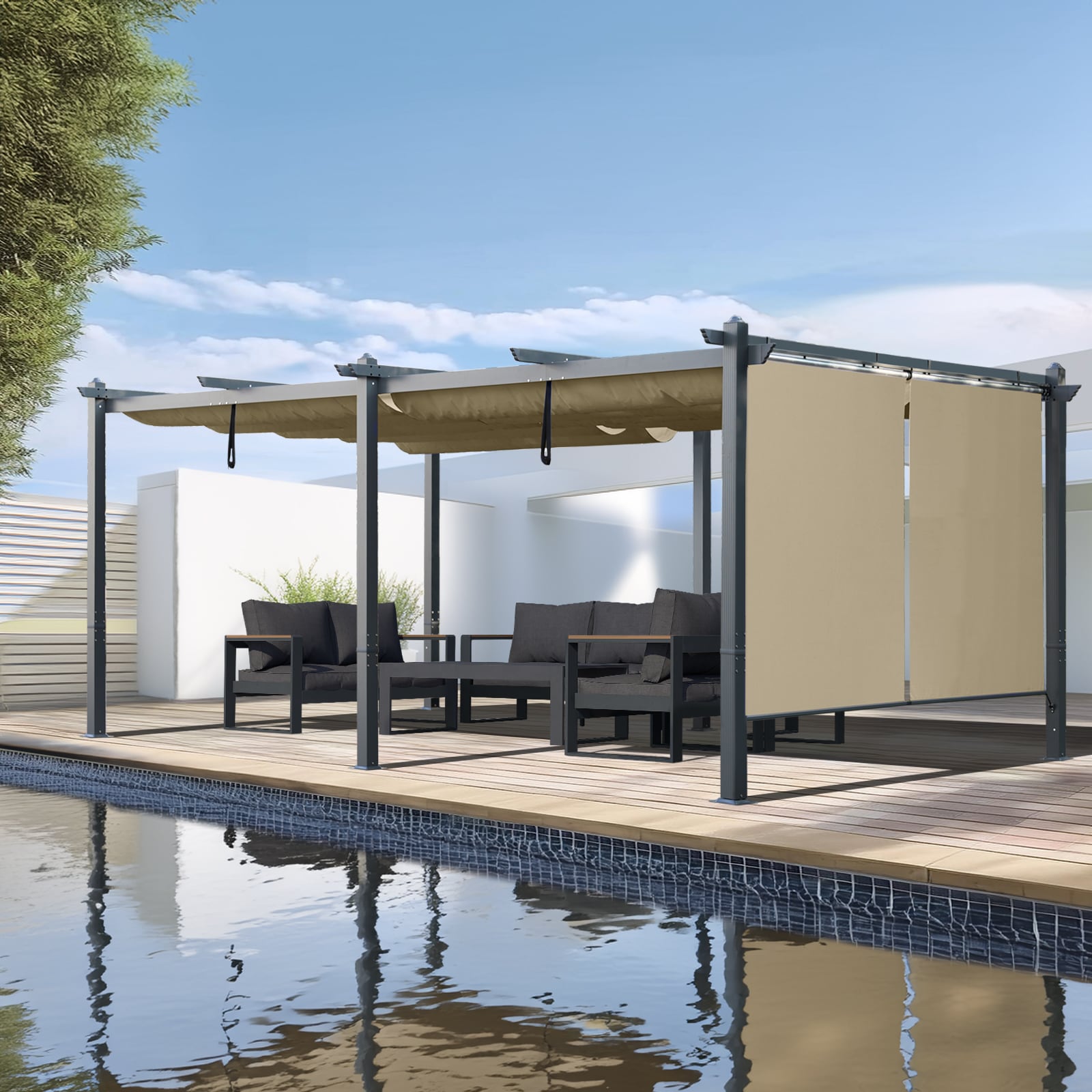 Aoodor A255-PKICG Patio Pergola 20-ft W x 12-ft L x 8-ft 2-in H Brown Metal Freestanding Pergola with Canopy