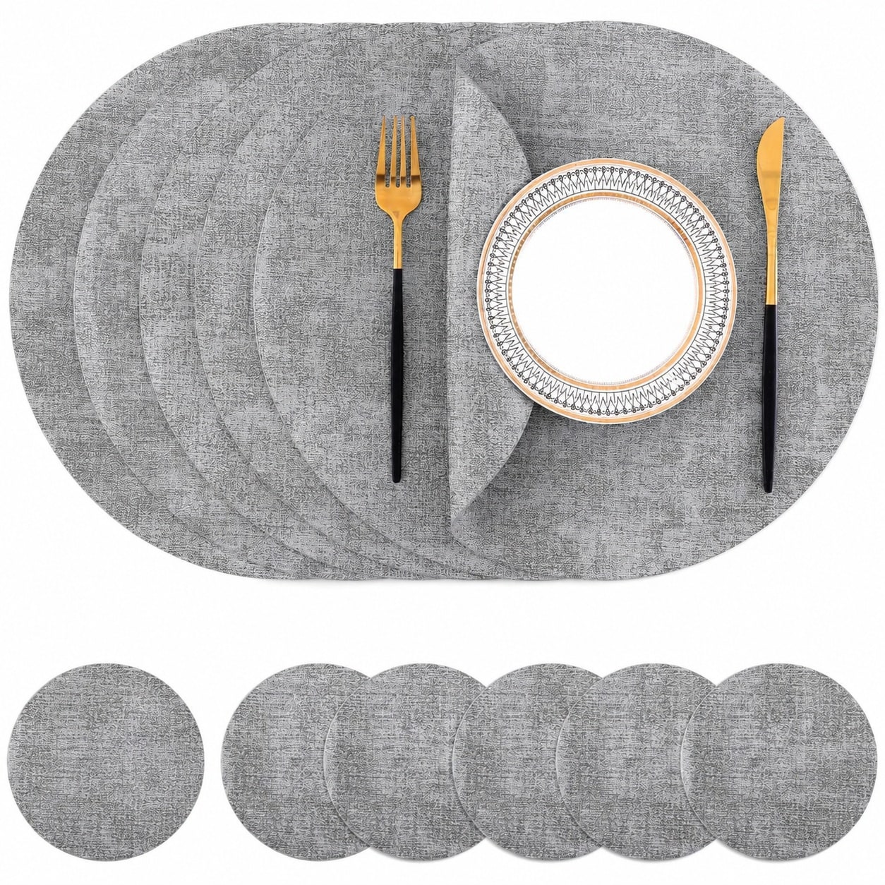 Etokfoks  13 in x 13 in Light Grey Faux Leather Kitchen Placemats and Coasters Set Dual Sided Heat Resistant 6 pcs