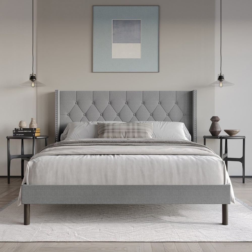 Twin Gray Wood Tufted Panel Bed with Headboard