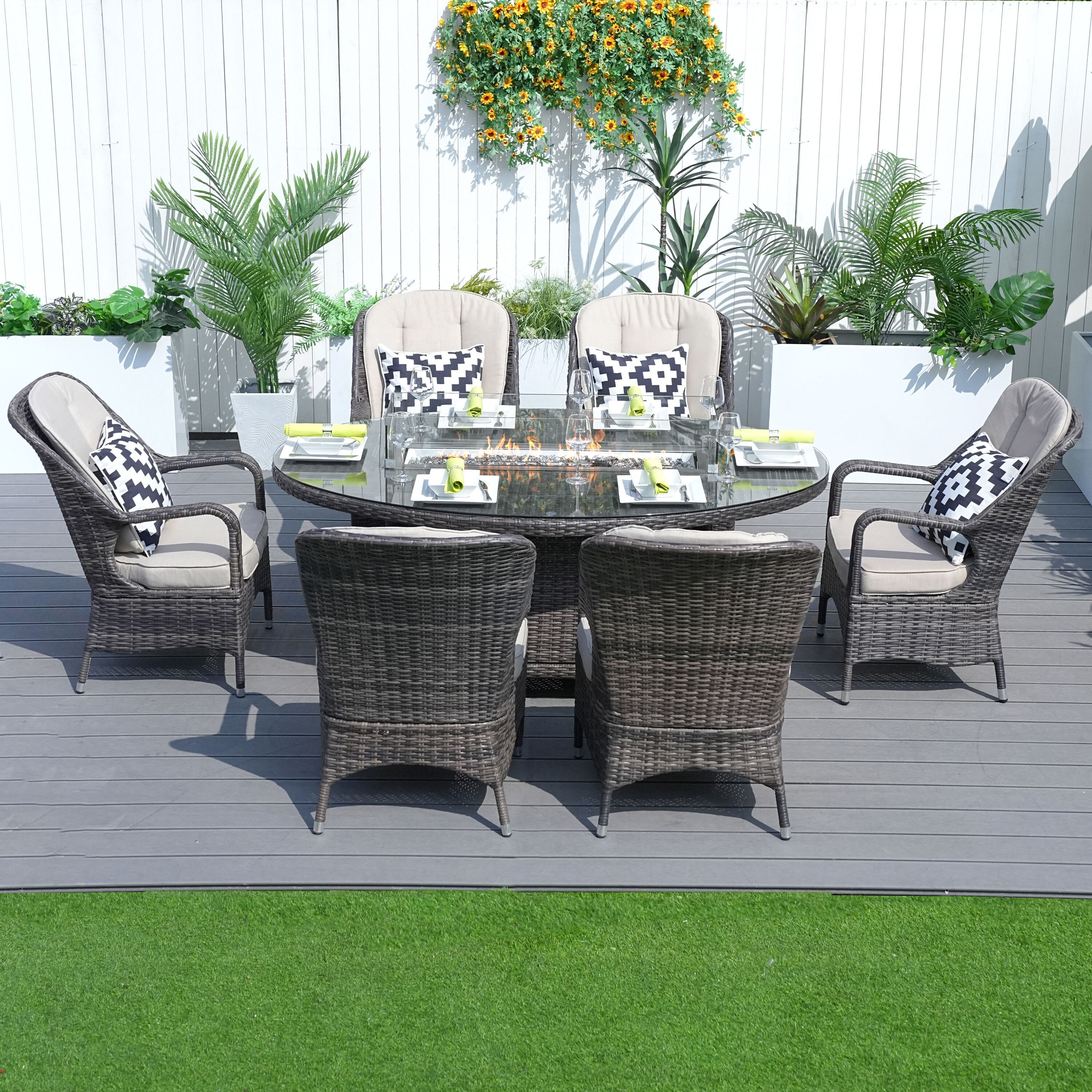 Moda Furnishings 1106-OR-009 PAG-1106O-BR 7 -Piece Brown Wicker Patio Dining Set Aluminum Oval Table with 6 Brown Cushions Stationary Chairs Fire Pit Included