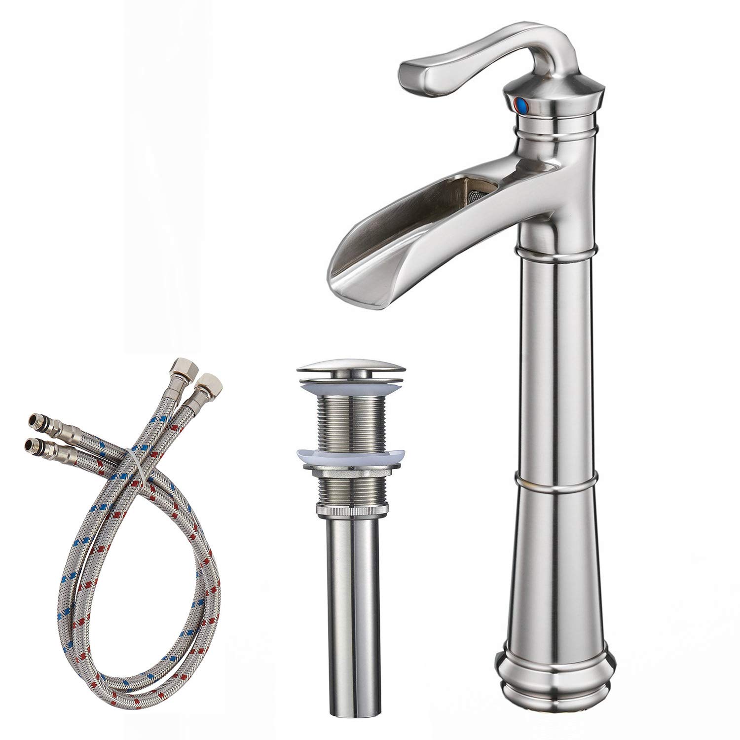 BWE A-96561H-N-2 Brushed Nickel Vessel 1-handle WaterSense Waterfall Commercial/Residential Handle Bathroom Sink Faucet with Drain