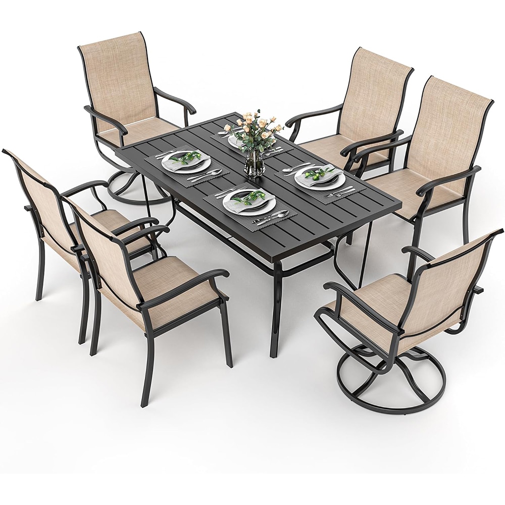  B0F5B9W9CC 7-Piece Outdoor Dining Set 2 Textilene Swivel Chairs with 4 Regular Patio Table with 6 Chairs for Garden Backyard Poolside Deck Beige