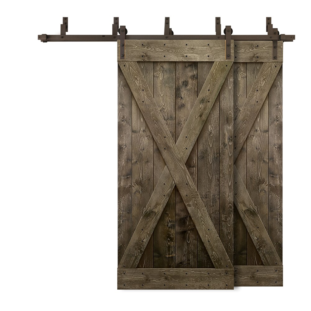 CALHOME 5XBP+S79+(2)X36CT 72-in x 84-in Espresso Stained X-frame Knotty pine Wood Solid core Double Bypass Barn Door (Hardware Included)
