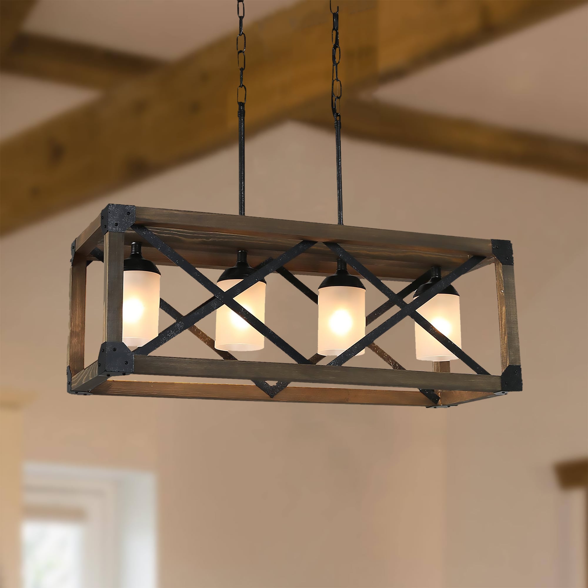 LNC IAQJI2LWS2989F6 Lucia 4 -Light Antique Black and Natural Wood Grain Farmhouse Frosted glass Linear Large Hanging Kitchen island light