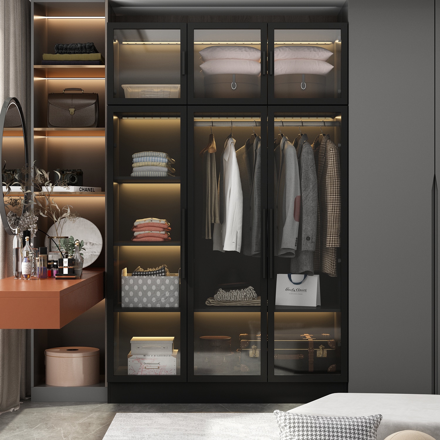 Black Pantry Organizer with Two Glass Door, Two-Tier Storage Cabinet