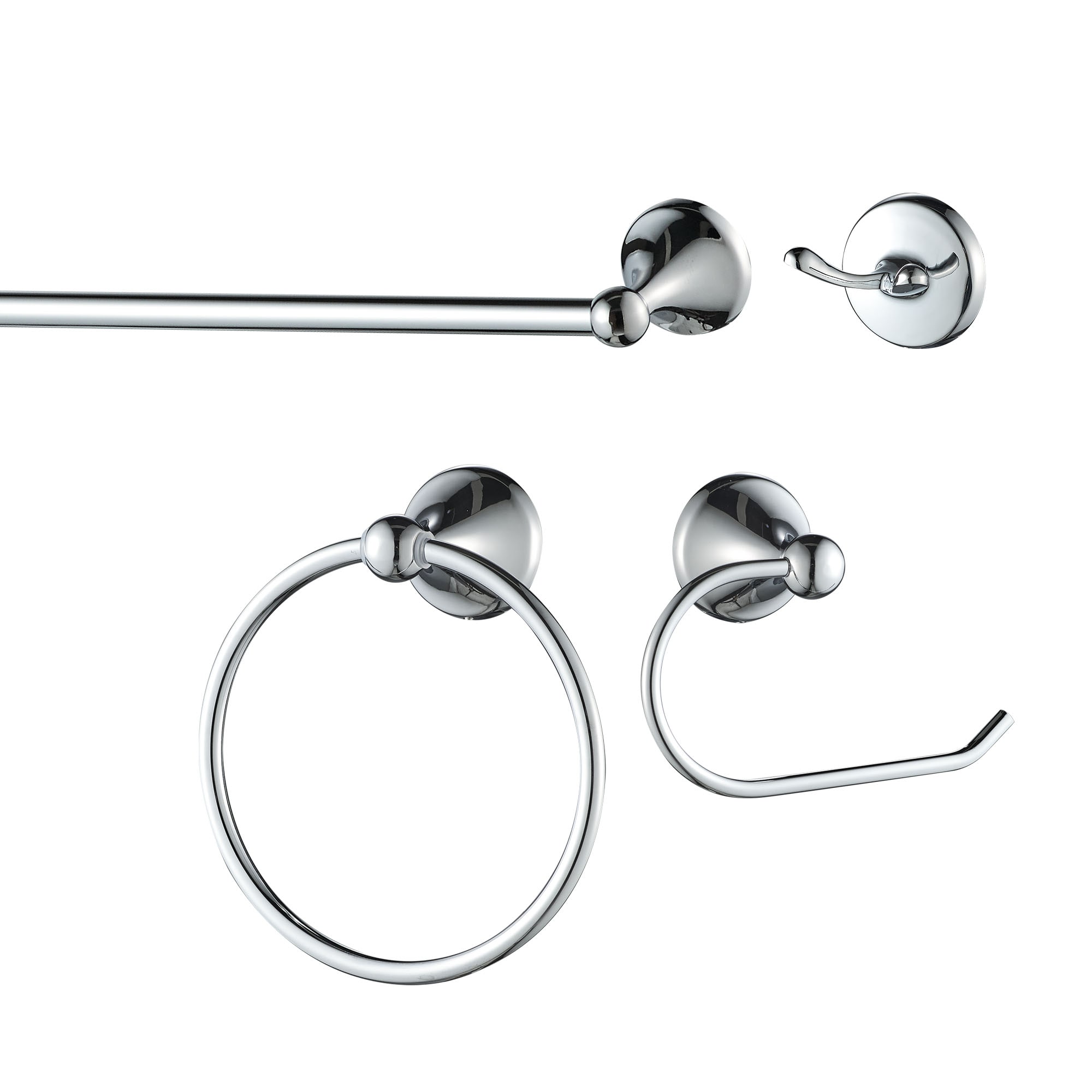 FORIOUS LL19102CH4A 4 -Piece Chrorme Decorative Bathroom Hardware Set Towel Bar, Toilet Paper Holder, Towel Ring ,Robe Hook Included