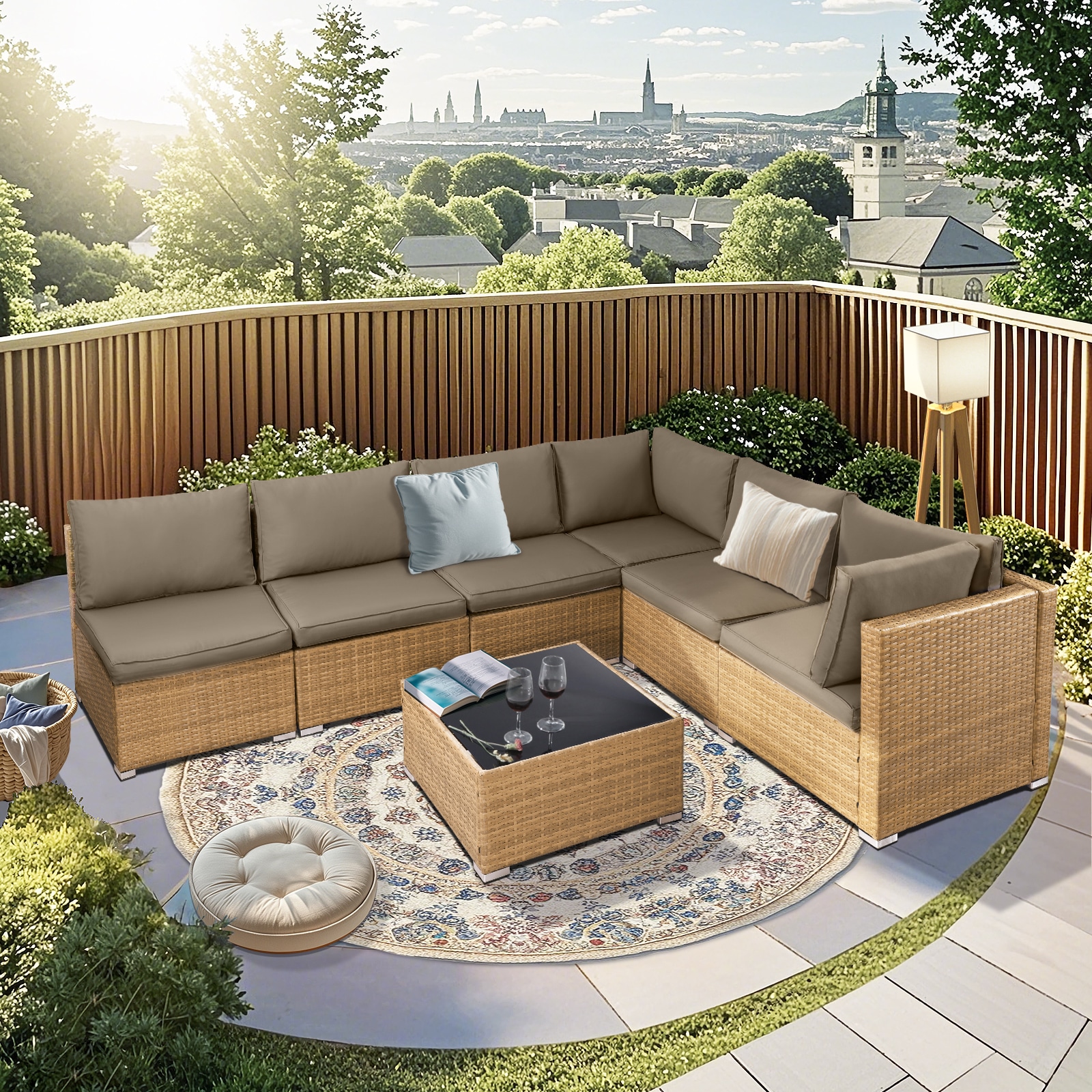 NOBLEMOOD LS-2035CO Patio Conversation Sets 7 -Piece Rattan 4 Patio Sofa Conversation Set with Brown Cushions