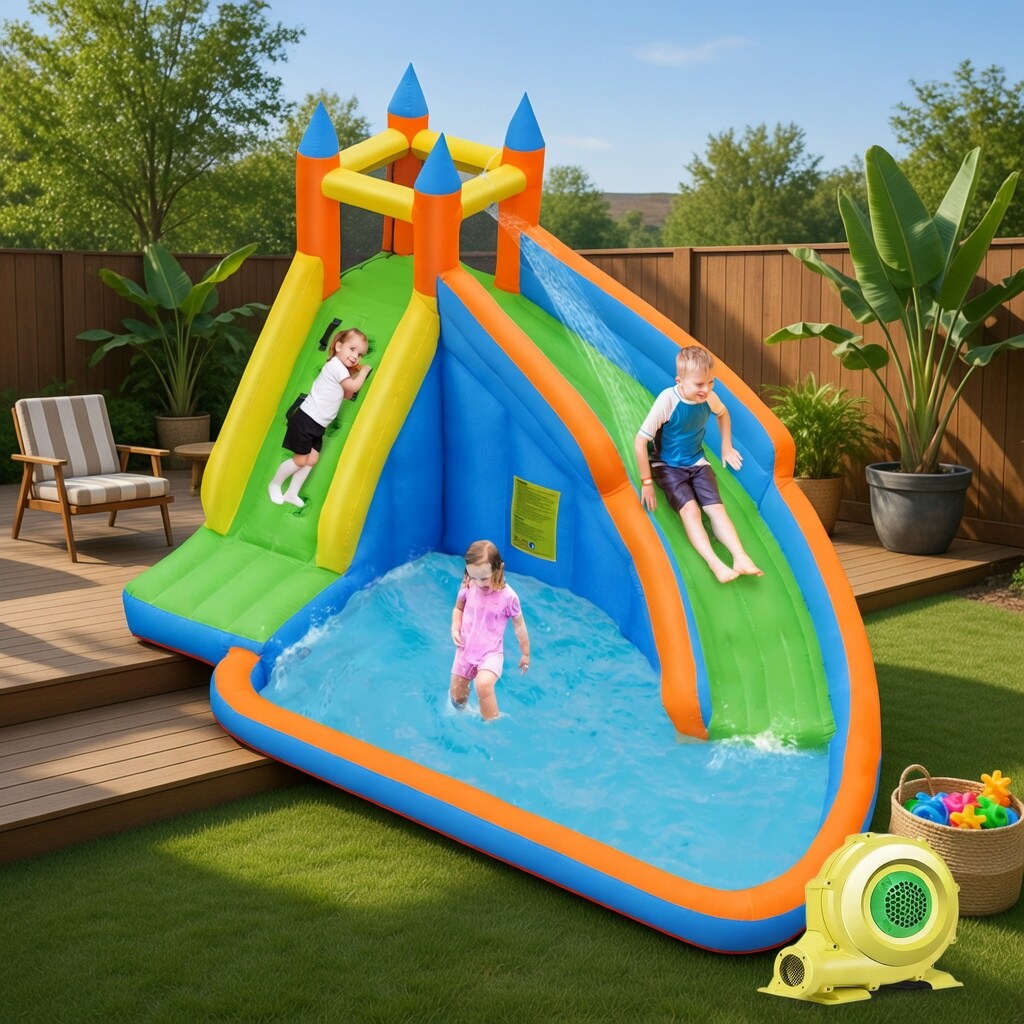 VERYKE Kids Inflatable Water Slide with Bounce House and Splash Pool 480W Blower Oxford Fabric Yellow Blue Green Ages 3 10