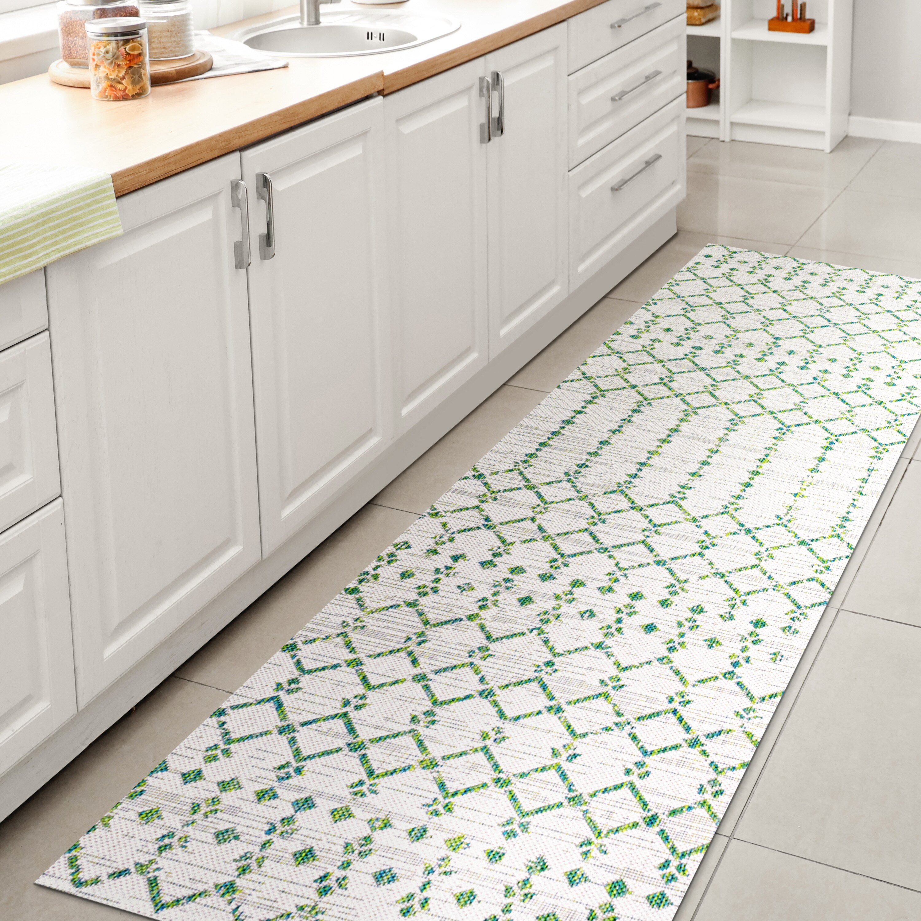 Green and Ivory Geometric Flat Woven Runner Rug