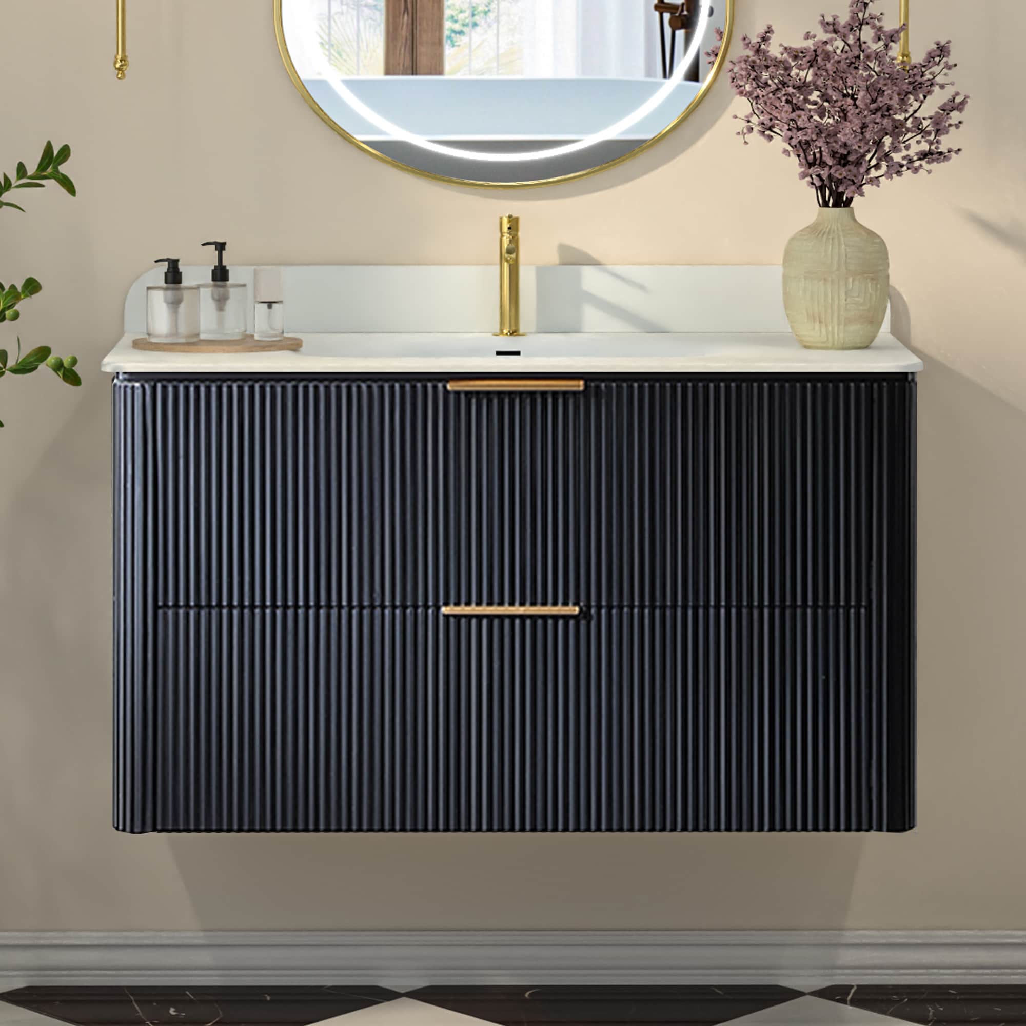 Forclover - Solid Wood Fully Assembled 36-in Black Undermount Single Sink Bathroom Vanity with Wh...