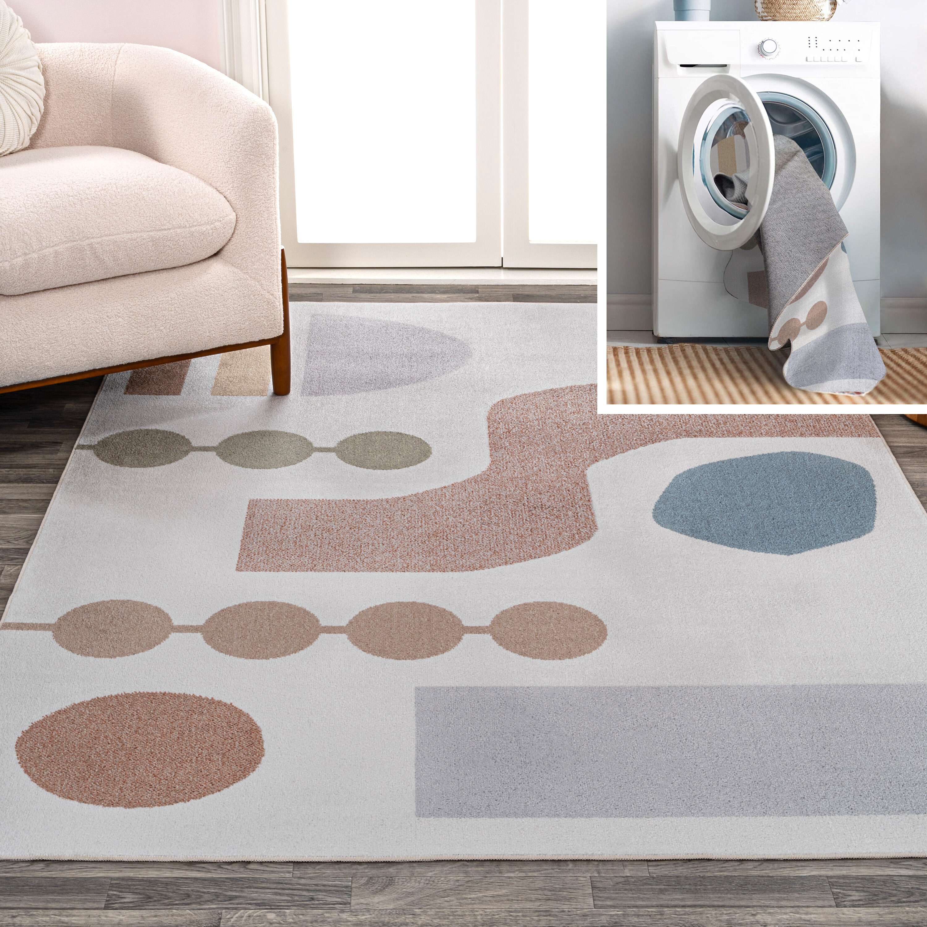 JONATHAN  Y WSH308A-3 WASHABLE Riley Abstract Coastal 3 x 5 (ft) Loomed Polyester Cream/Multi Rectangular Indoor Abstract Mid-Century Modern Machine washable Area rug