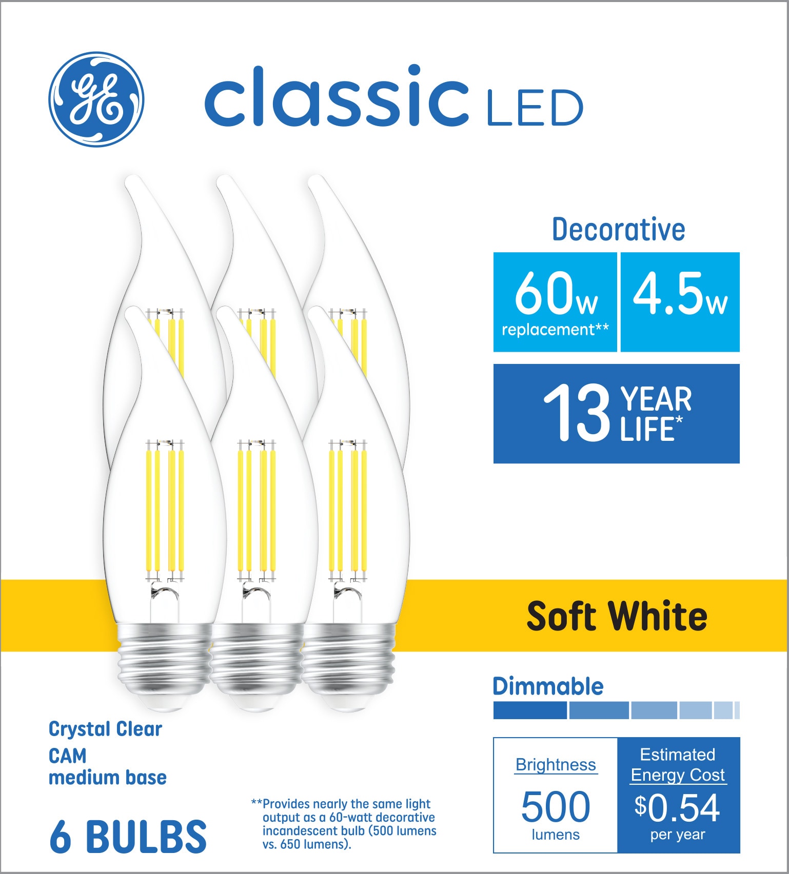 GE 93131056 60 -Watt EQ CAM Soft white Medium base (E-26) Dimmable LED Decorative Light Bulb 6 -Pack