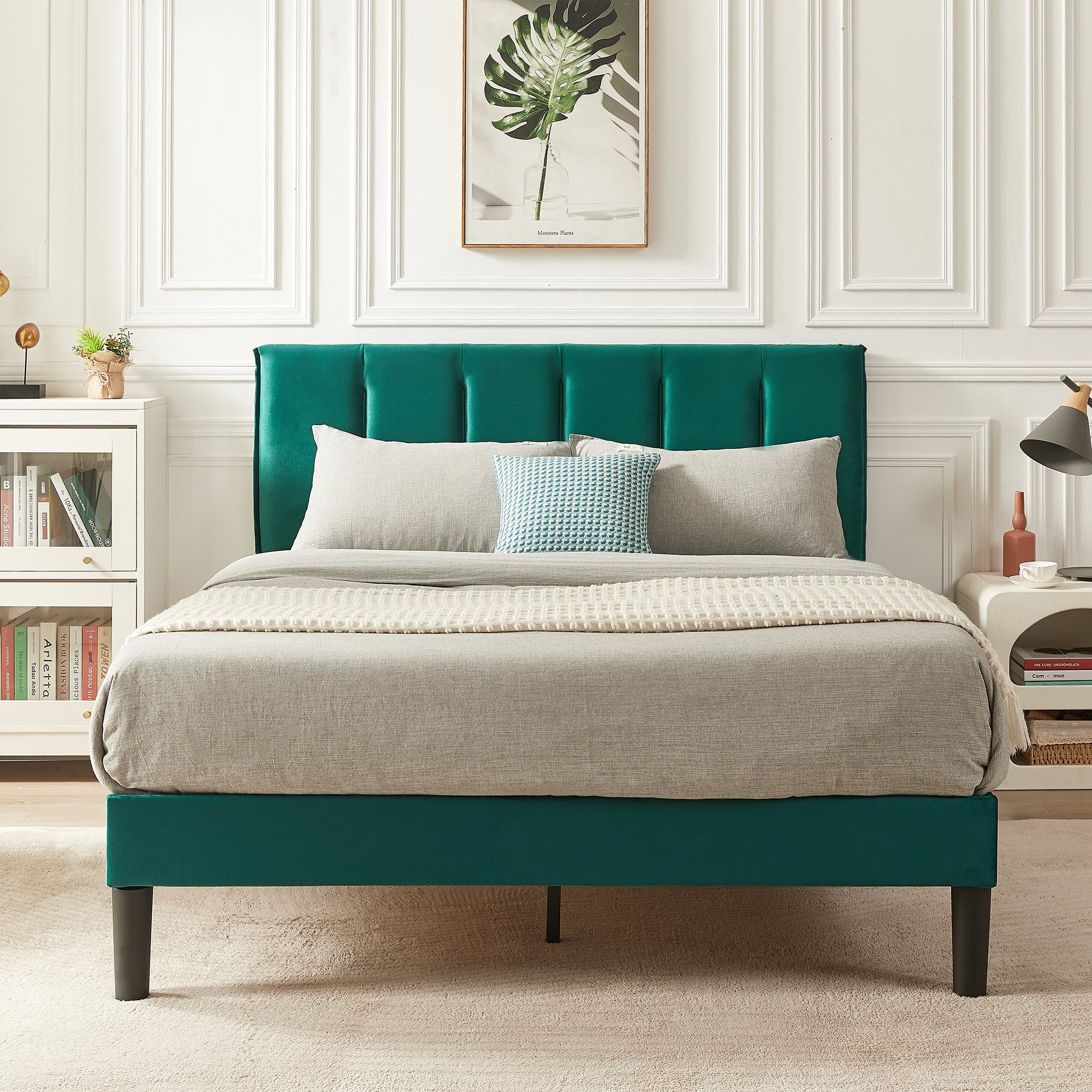 Vecelo LOE-CY-QB04-DGRN Queen Bed Frame with Upholstered Adjustable Headboard Heavy Duty Platform Bed Frame with Strong Wooden Slats Support Dark Green