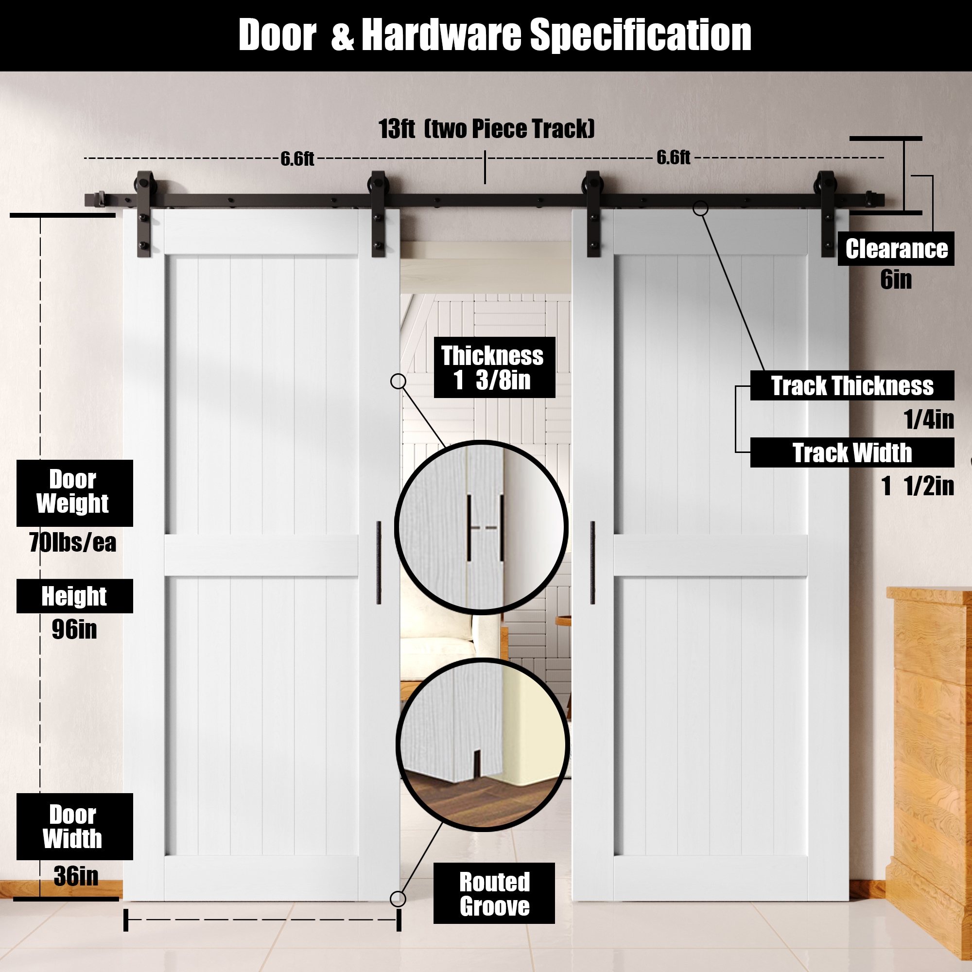 HOMACER YT2TGH156C-3696-H-WH Barn-Doors - View #2