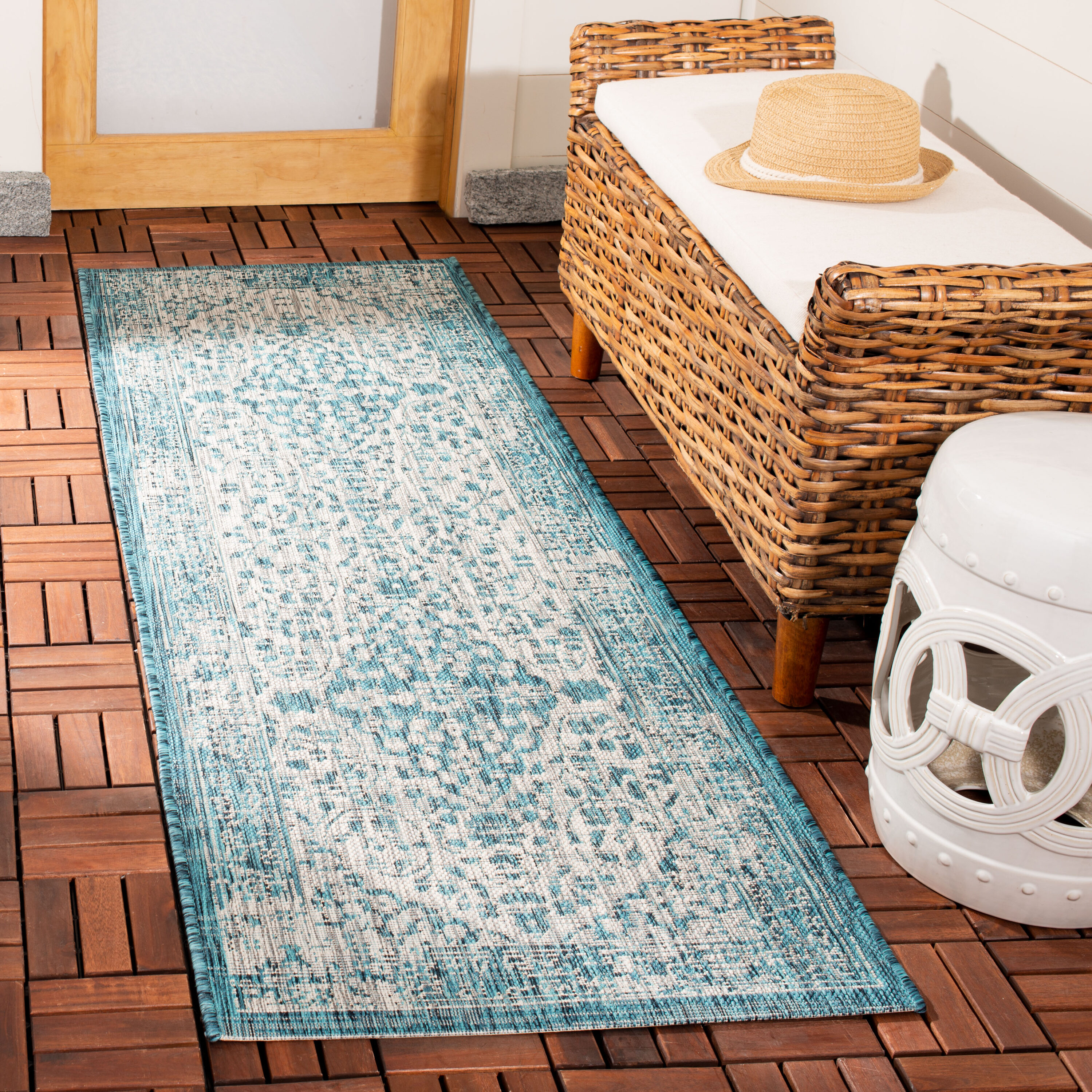 Safavieh CY8720-372-27 Courtyard 2 x 7 (ft) Loomed Synthetic Teal/Cream Rectangular Indoor/Outdoor Medallion Runner rug