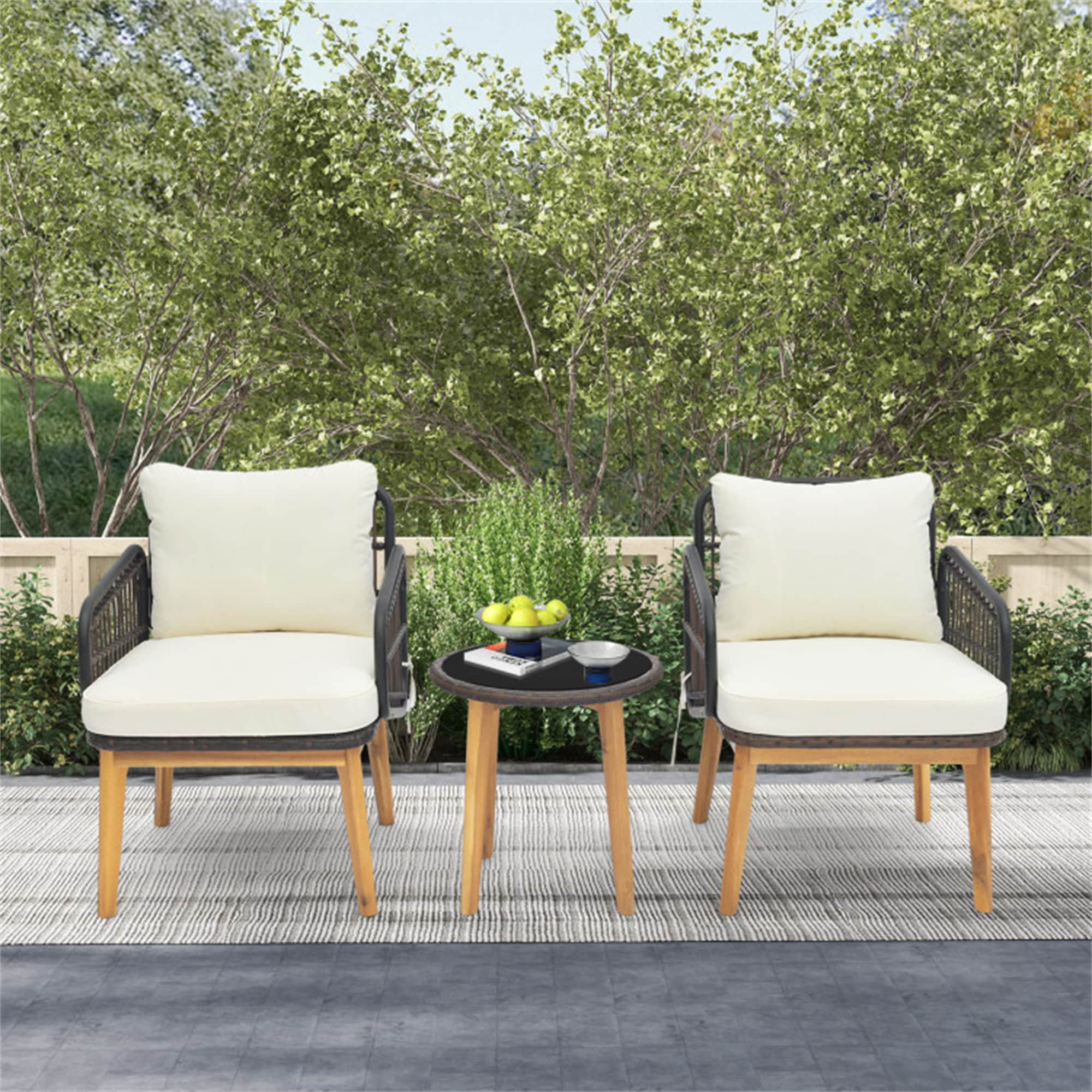 BABOOM BOM-81BT-CO Patio Furniture Set 3 -Piece Rattan Patio Conversation Set with Off-white Cushions