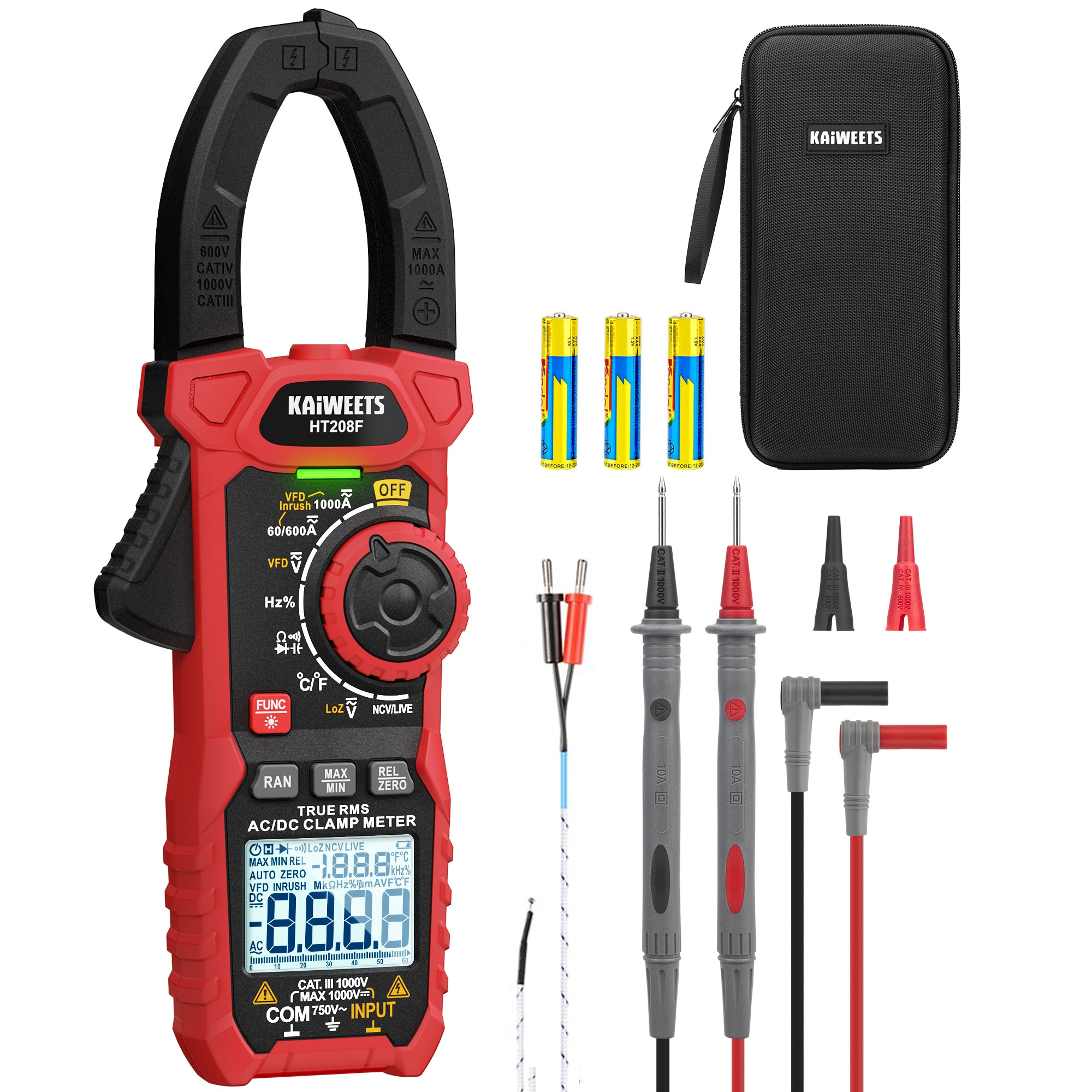 KAIWEETS 1000A Digital Clamp Meter. True RMS AC/DC Clamp Meter with NCV. Voltage. Resistance. Continuity. Temperature for Electricians and HVAC