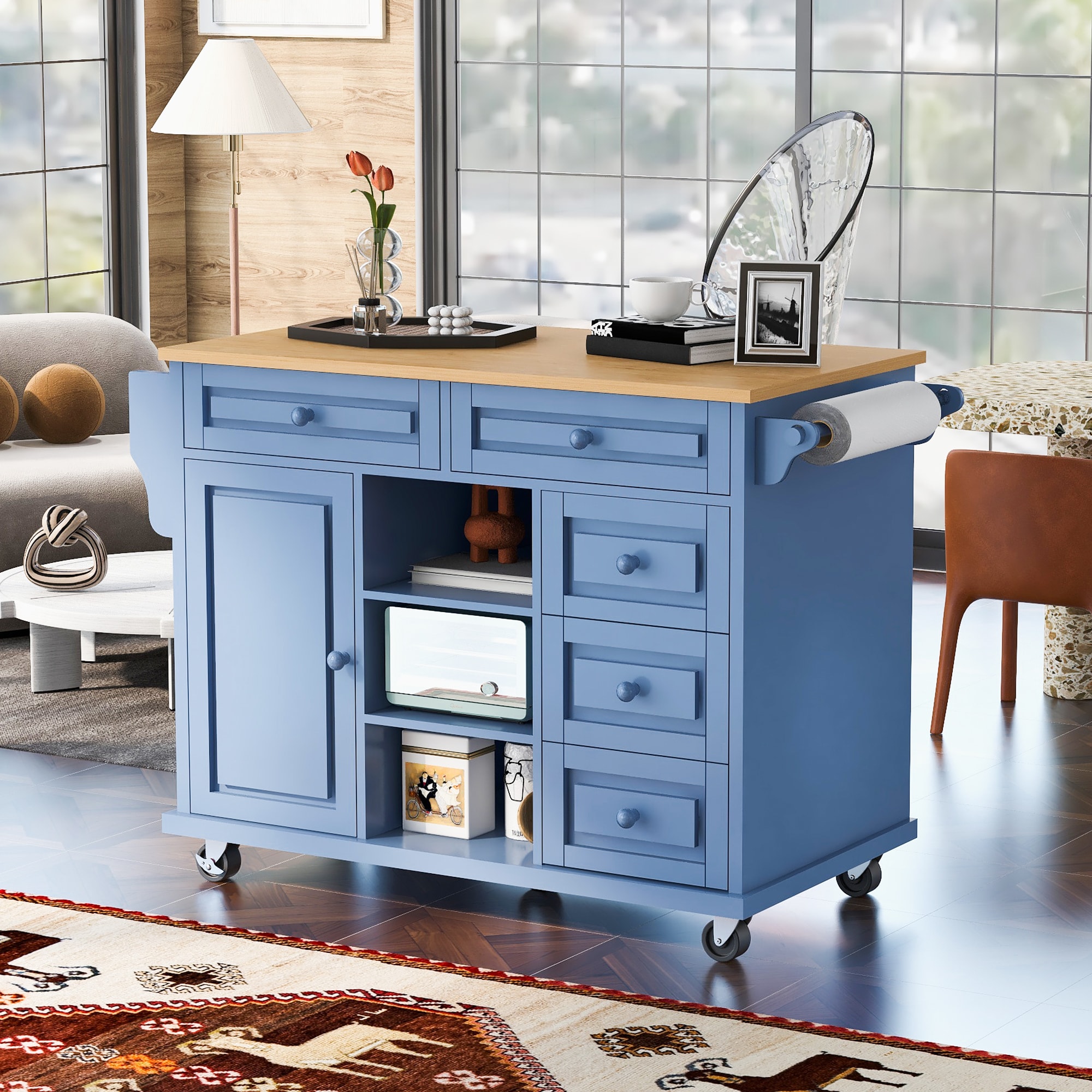 ModernLuxe WF297003AAG Kitchen cart with Rubber wood desktop rolling mobile kitchen island with storage and 5 draws 53 Inch length Blue