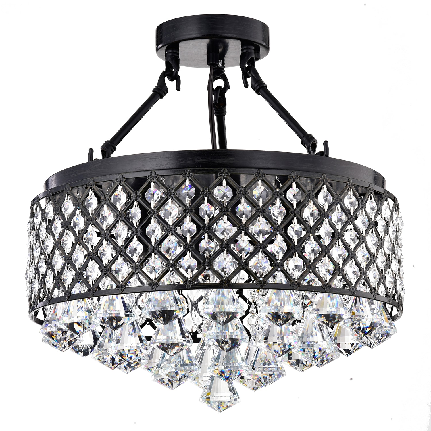 Antique Black Crystal Drum Semi-Flush Mount Chandelier