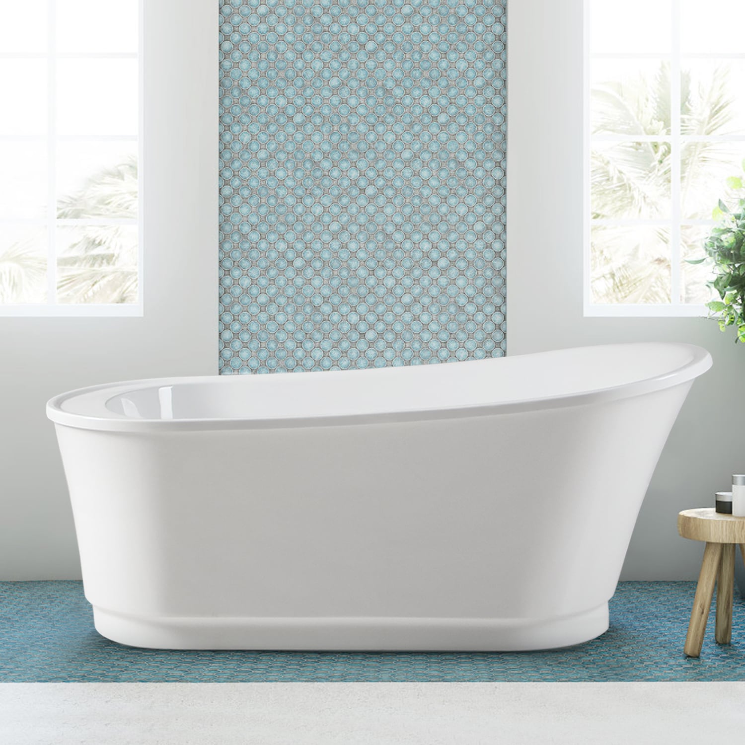 Langkawi 28.7-in x 59.4-in White Acrylic Oval Freestanding Soaking Bathtub with Drain (Reversible Drain) | -02568T-1500-BN - FerdY FERDY-02568T-1500-BN