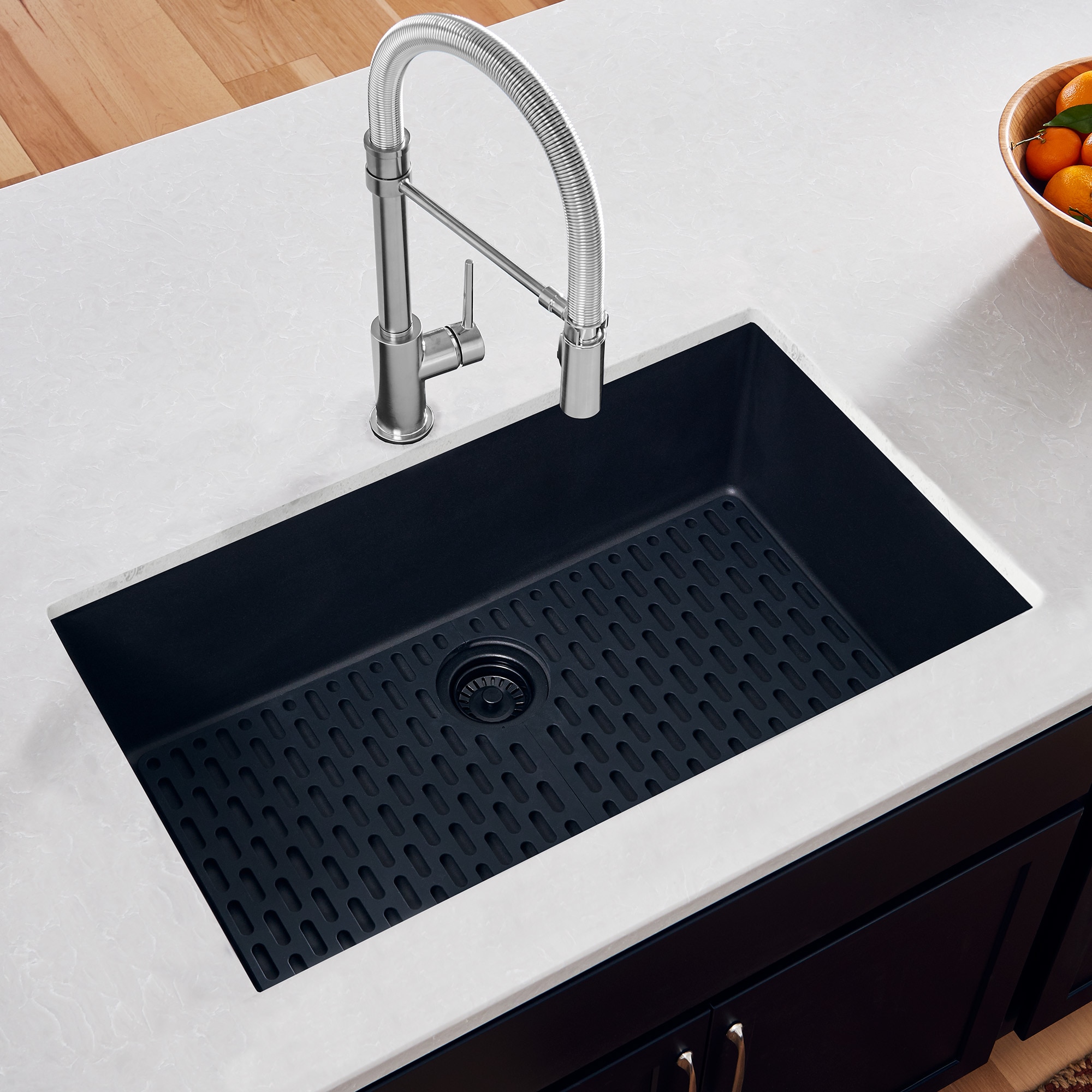 Midnight Black Granite Composite Undermount Single Bowl Kitchen Sink
