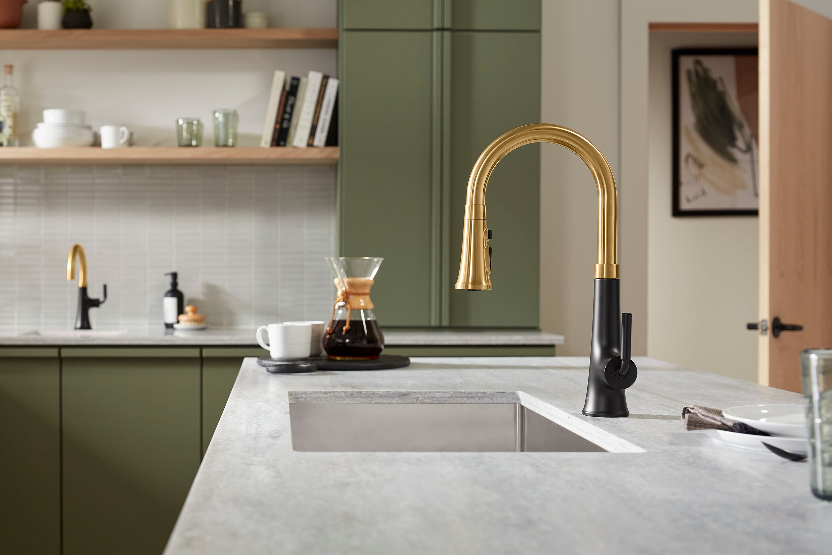 KOHLER Tone Matte Black with Moderne Brass Single Handle Pull-down