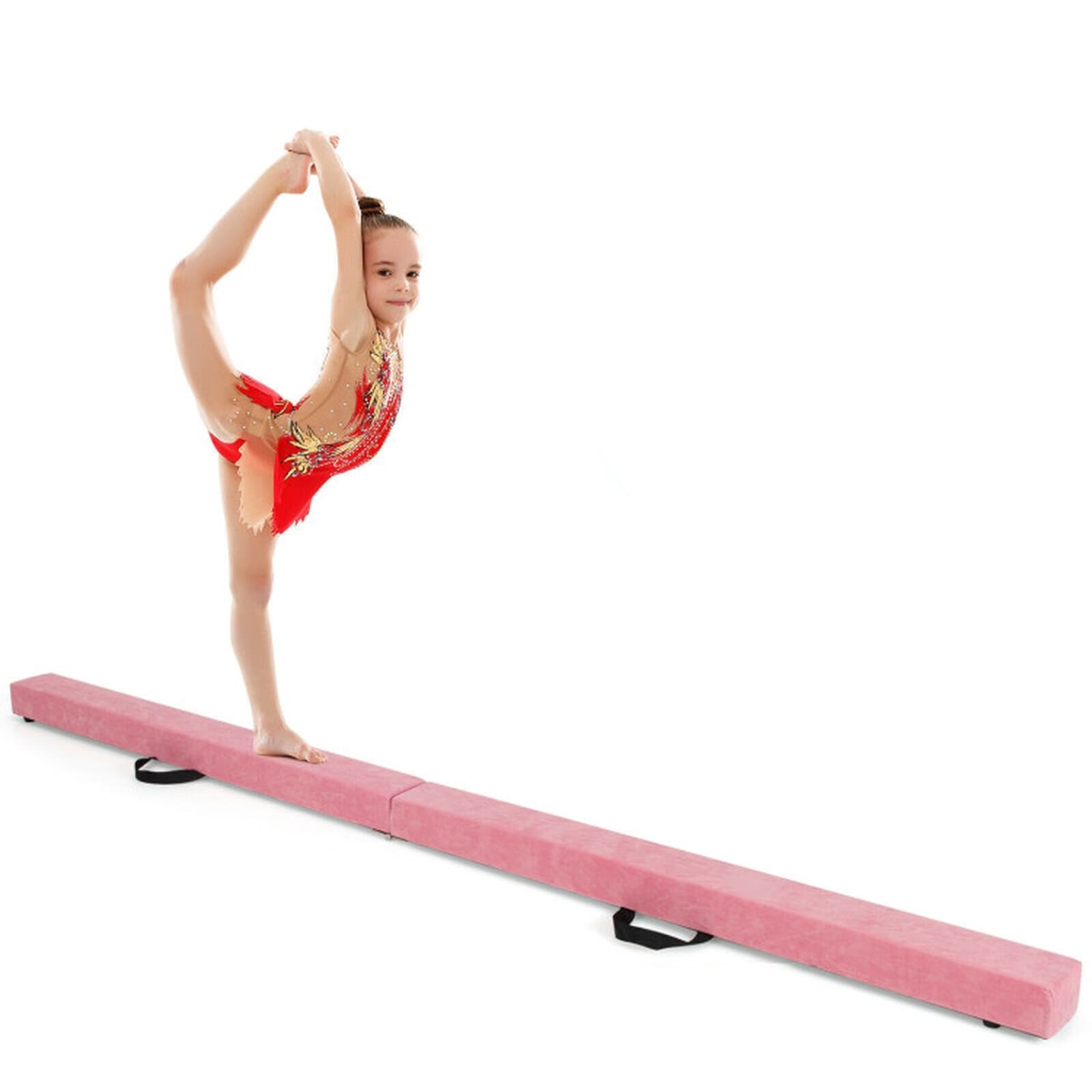 SUGIFT 7-ft Folding Portable Floor Balance Beam 82.5-in Gymnastics Beam 154-lb Capacity with Hinge Non-Slip Foot Suede Cover EPE Foam Pine Core Pink