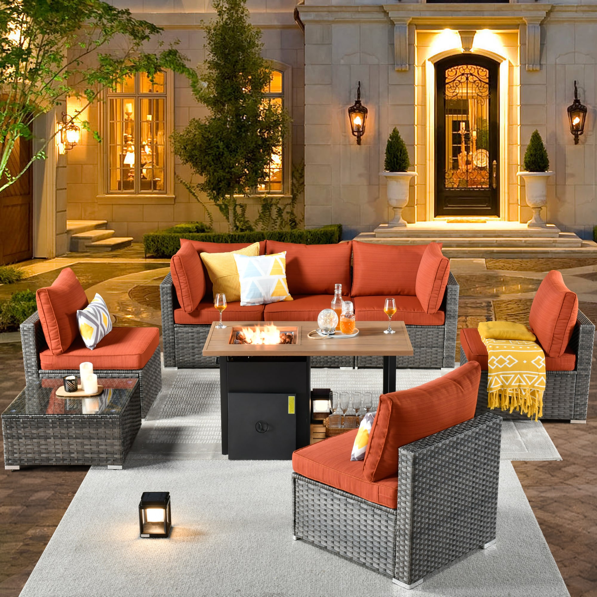 weaxty DCFP81RRS808 Kuuga 8 -Piece Rattan Patio Conversation Set with Orange Cushions