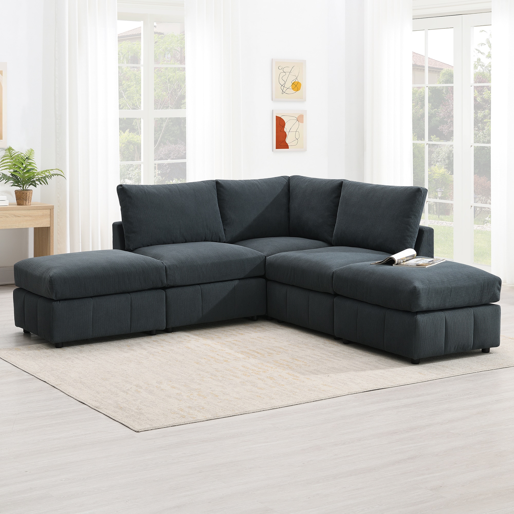 ModernLuxe GS000199AAE Modern Sectional Sofa with Vertical Stripes5Seat Armless Couch Set with Convertible OttomansVarious CombinationsLShape Indoor Furniture for Living RoomApartment 2 Colors
