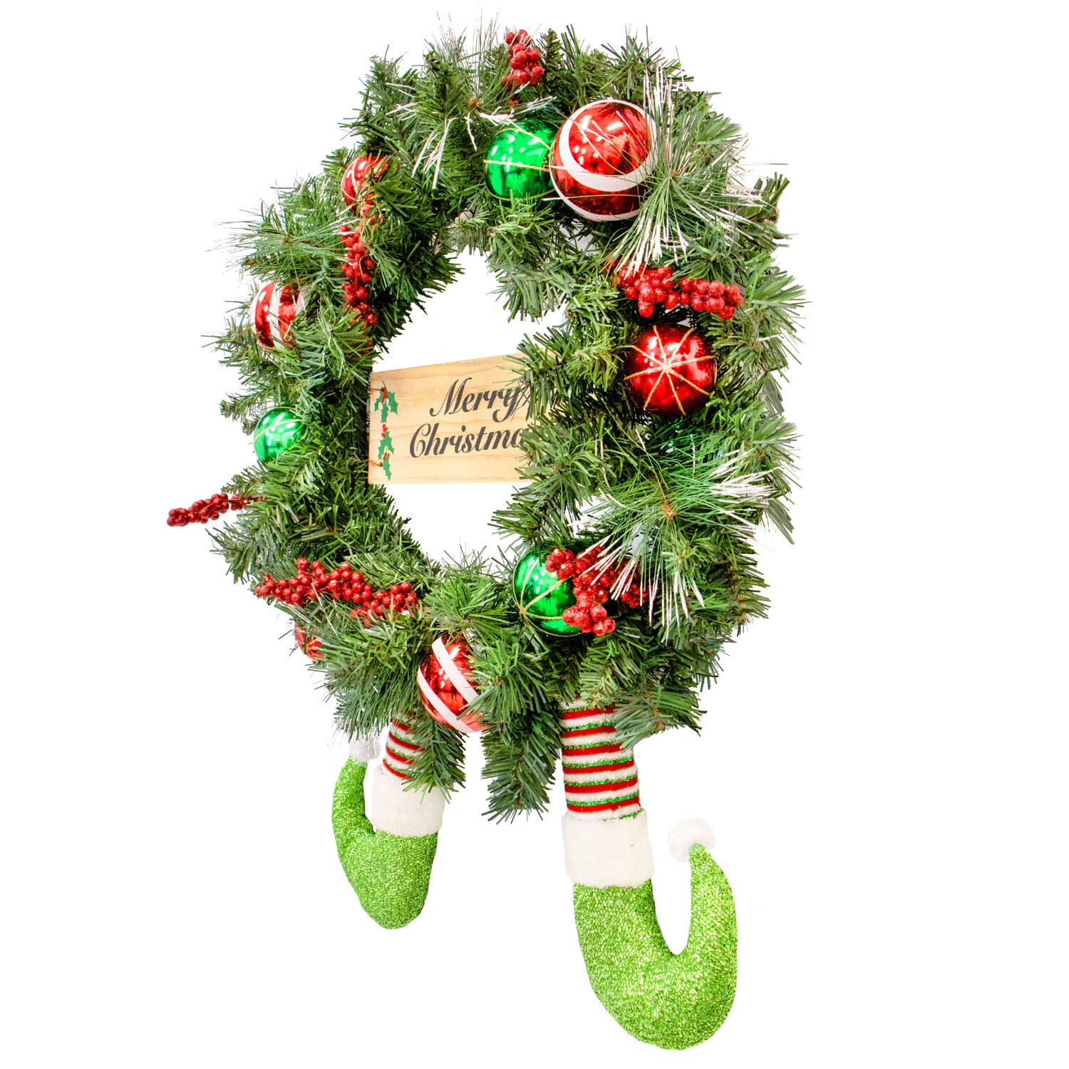 24-Inch Artificial Pine Christmas Wreath with Elf Boots and Ornaments