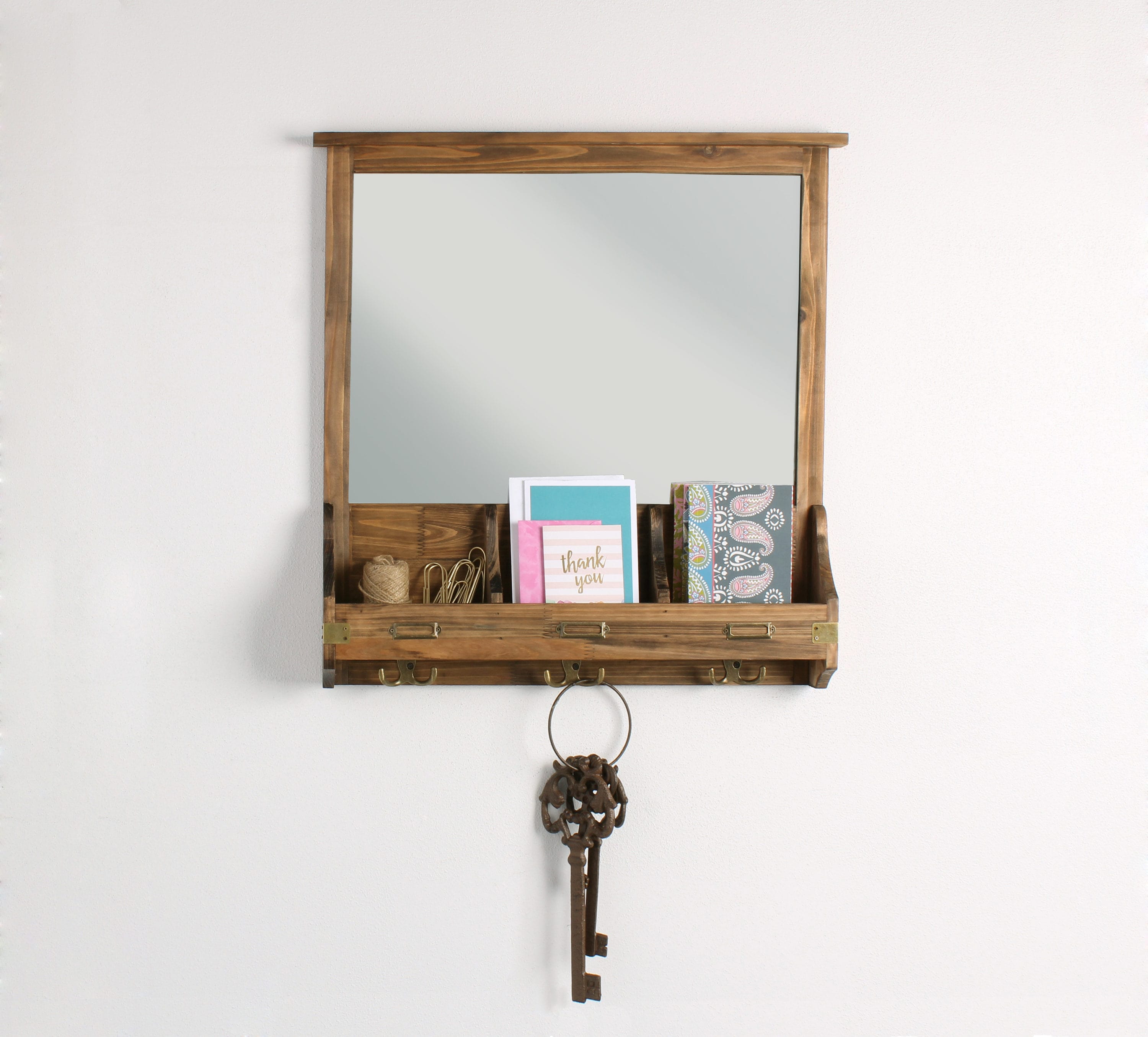 Stallard Rustic Brown Wood Wall Organizer with Mirror