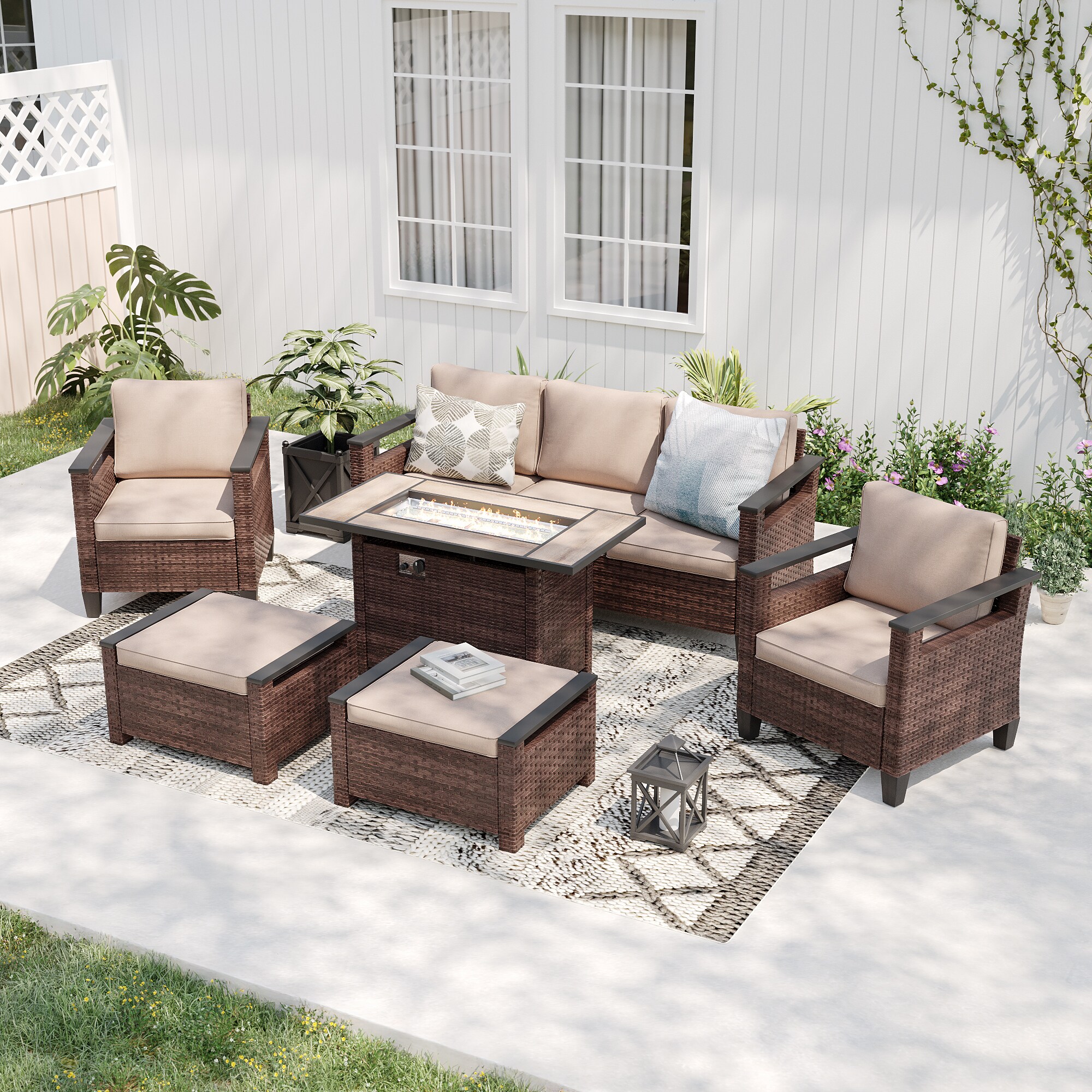 ACEGOSES LW-126BSD-T5 Skytop 6 -Piece Wicker Patio Sofa Conversation Set with Beige Cushions