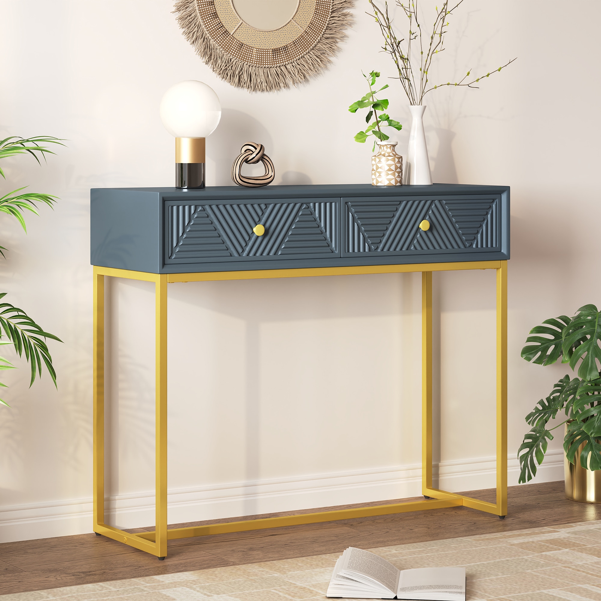 ModernLuxe N715P201976E Console Table Entryway Table Modern Sleek Console Table with Storage Narrow Console Table with Two Drawers with Stripe Design for Living Room Hallway Entryway Grey