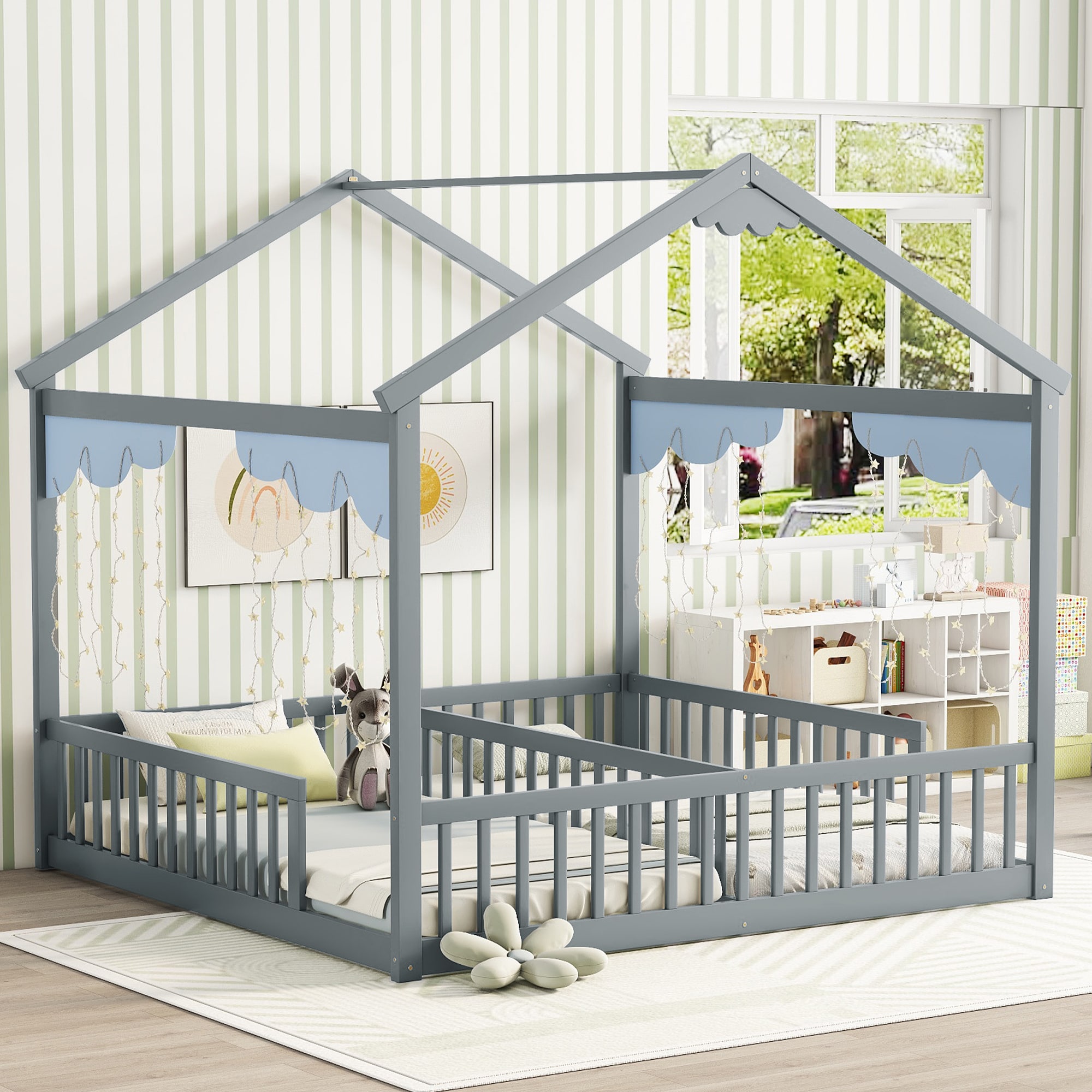 LOVMOR SF-Y-W504P308458 Double Twin House Style Floor Bed with Fence Guardrails without door Grey