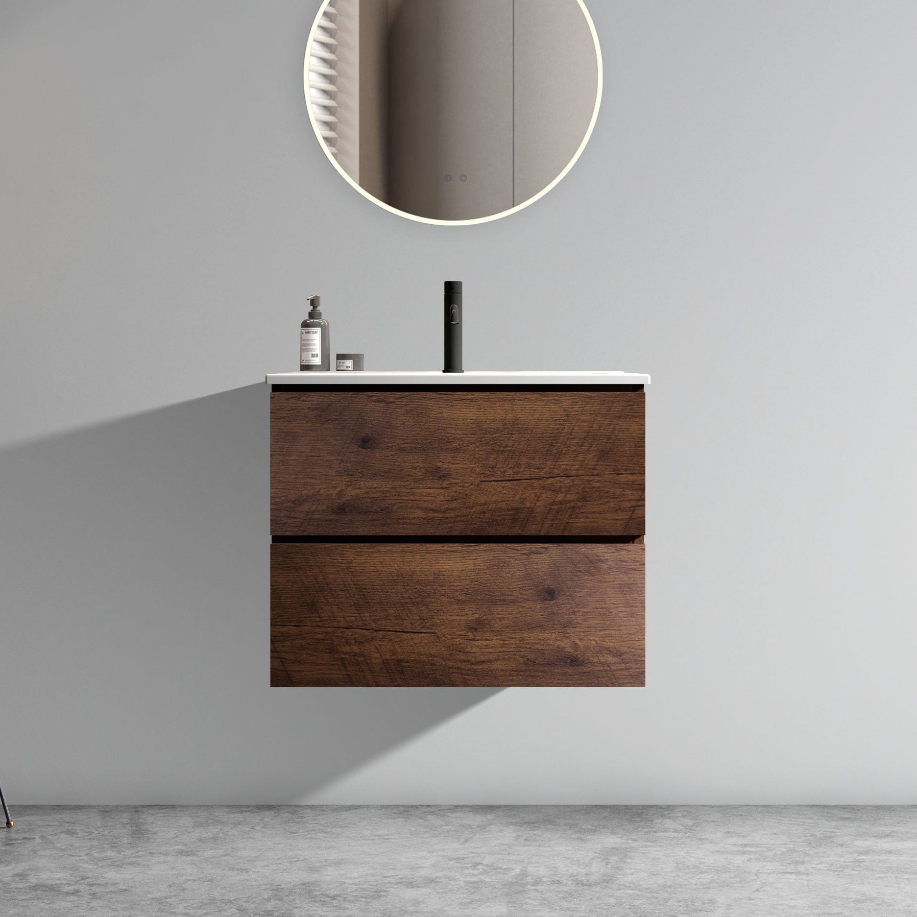 Boyel Living BL-AH-00054 24 Inch Walnut Bathroom Vanity with Ceramic Sink One Faucet Hole Large Storage Floating One Piece Basin Pre Assembled