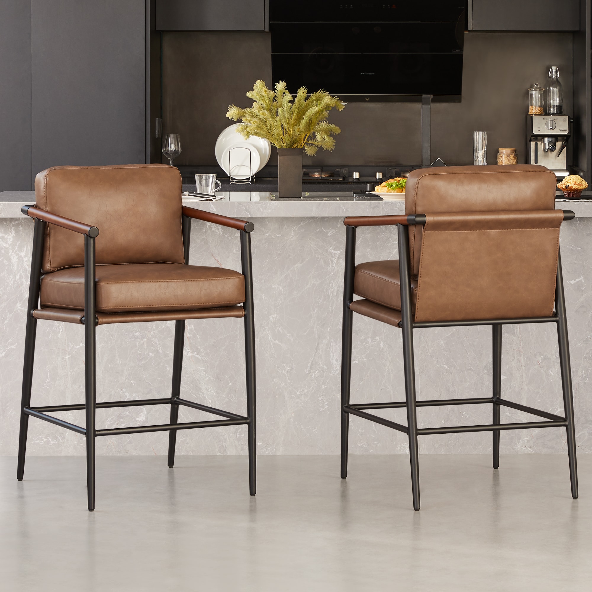 Circle 55 LWSBS72019-PU6030 2 -Set Saddle Brown 27.2-in H Counter height Square seat Upholstered Wood Bar Stool with Arms and Back