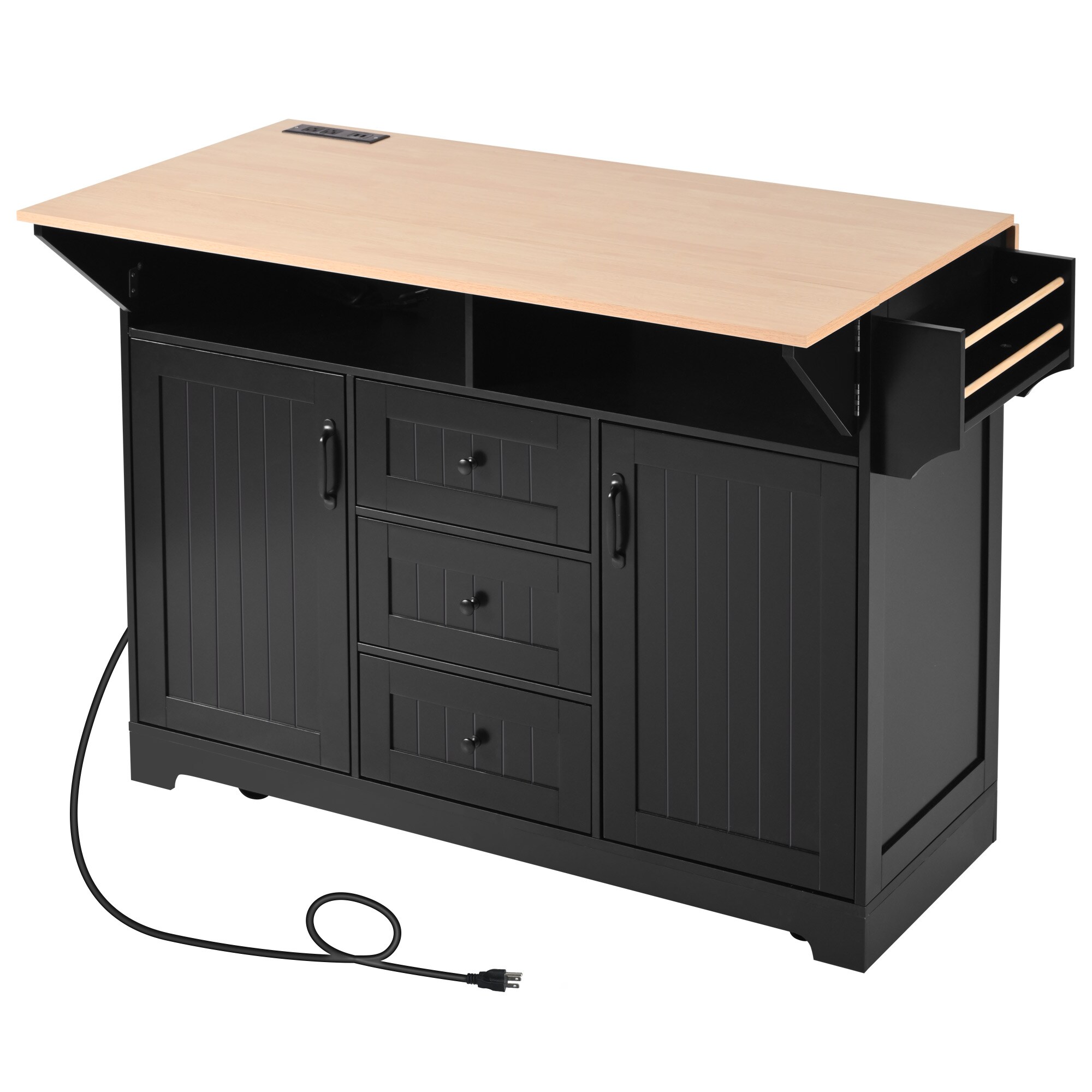 Kahomvis KK-QPO2-17B Black MDF Base with Wood Wood Top Rolling Kitchen Island ( 33.5-in x 55.7-in x 36.5-in )